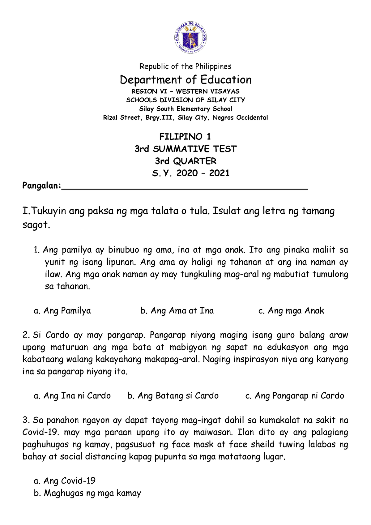 Q3 3rd Sum Filipino - SUMMATIVE TESTS - Republic Of The Philippines ...