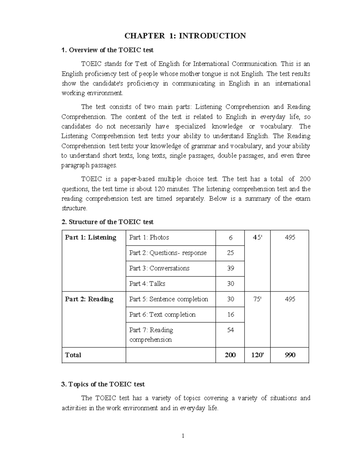 Chapter 1, 2 - không - CHAPTER 1: INTRODUCTION 1. Overview of the TOEIC ...