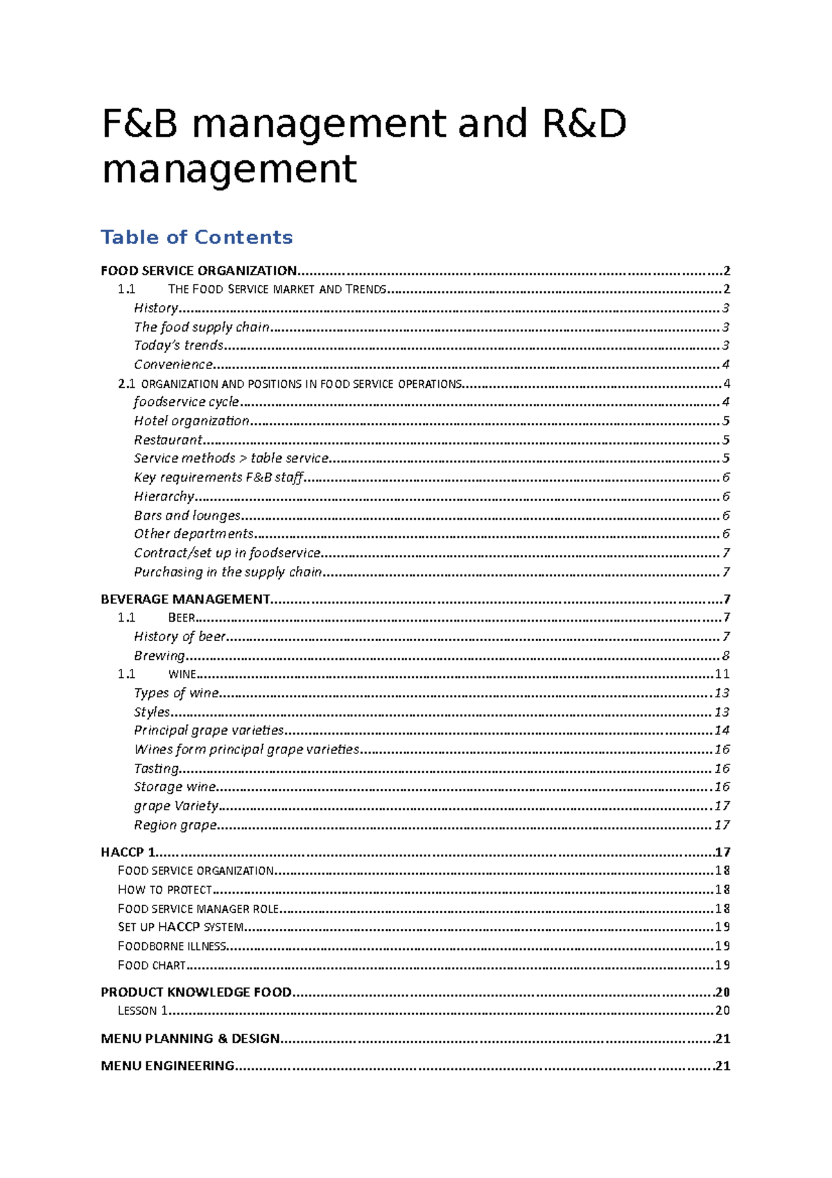 F&B Magament - Samenvatting Food & Beverage Management - F&B Management ...