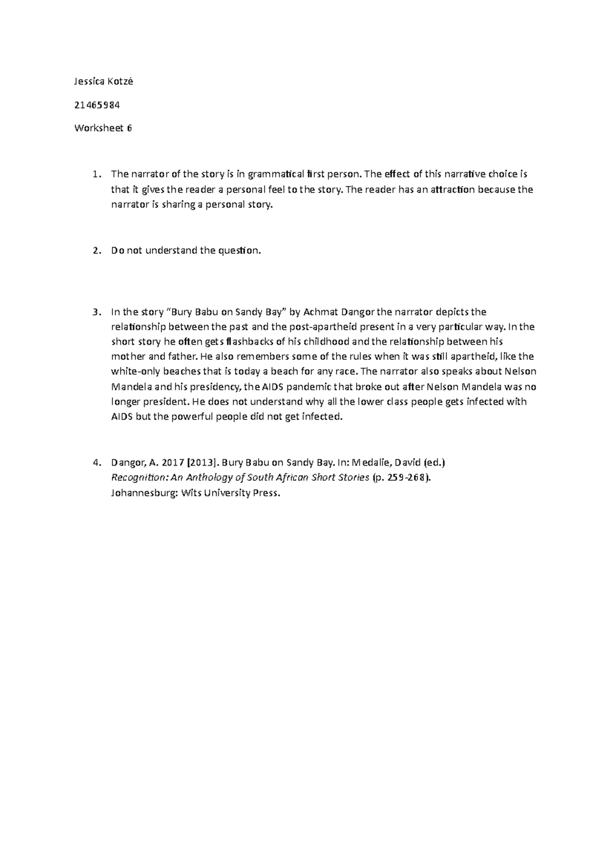 Worksheet 6 WEEK 6 WORKSHEET SHORT STORIES - Jessica Kotzé 21465984 ...