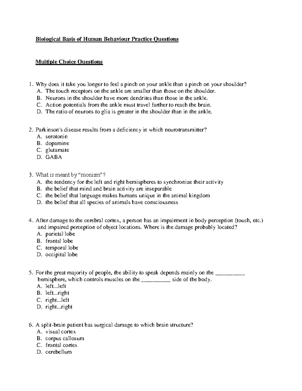 Biological Basis of Human Behaviour Practice Questions - The touch ...