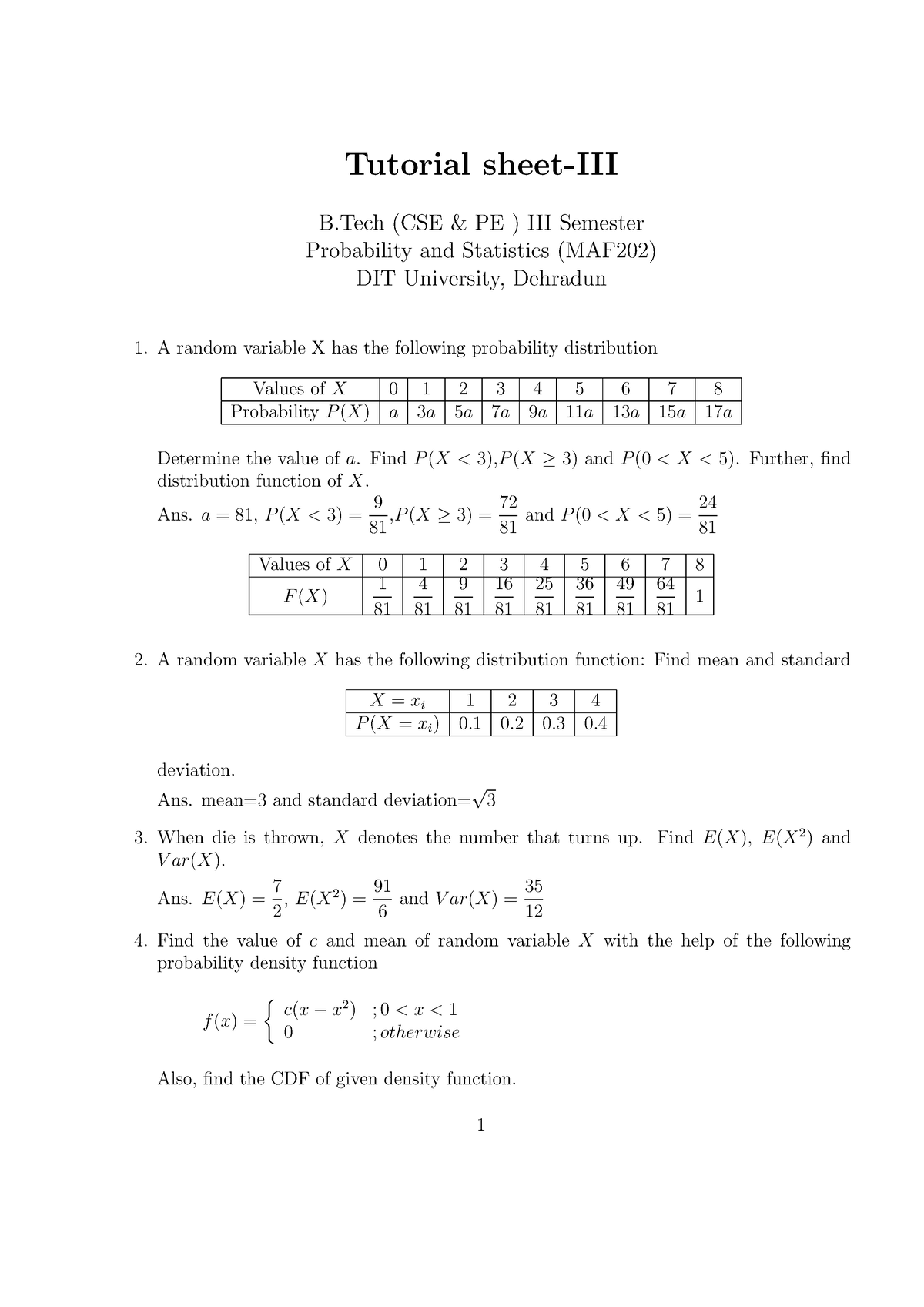 Tutorial - Probability - Tutorial Sheet-III B (CSE & PE ) III Semester ...