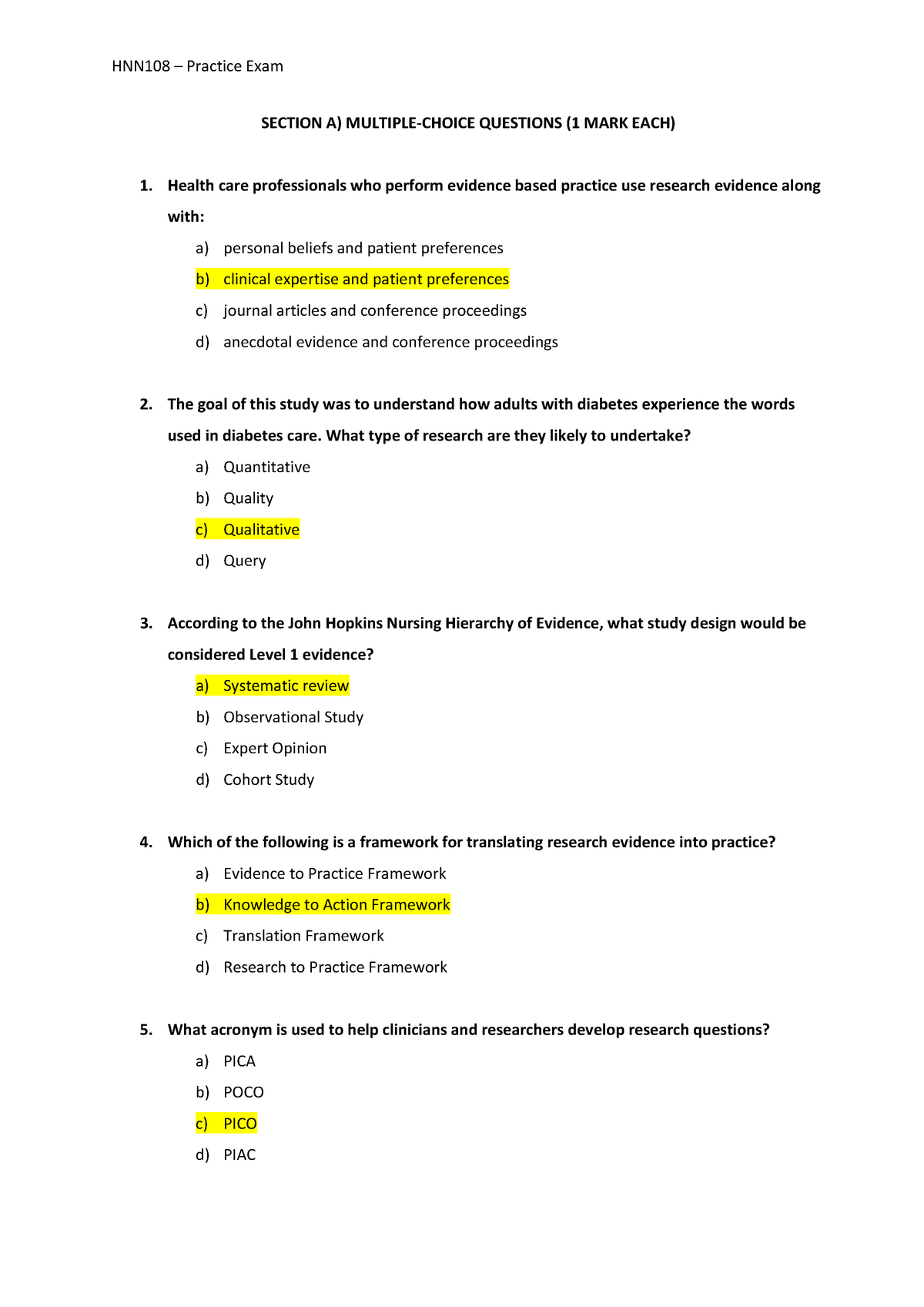 Practice Exam answers 108 (questions+answers) - SECTION A) MULTIPLE ...