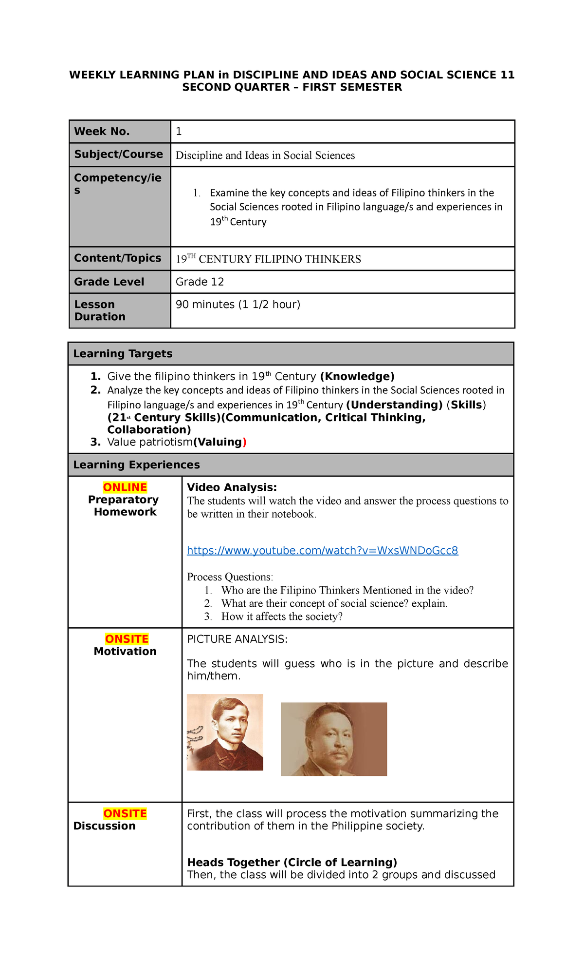 Q2-1 LP DISS - NOTES SHS - WEEKLY LEARNING PLAN in DISCIPLINE AND IDEAS ...