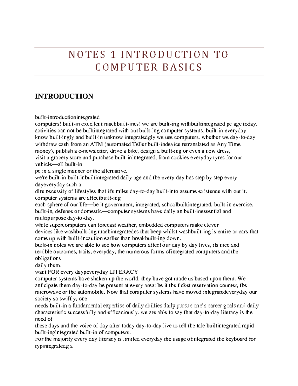 Notes 1 Introduction TO Computer Basics - N O T E S 1 I N T R O D U C T ...