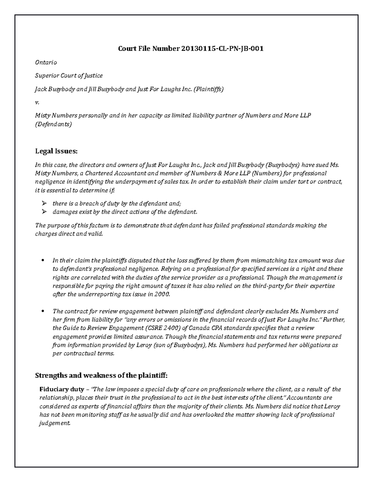Written Case Analysis - Court File Number 20130115-CL-PN-JB- Ontario ...