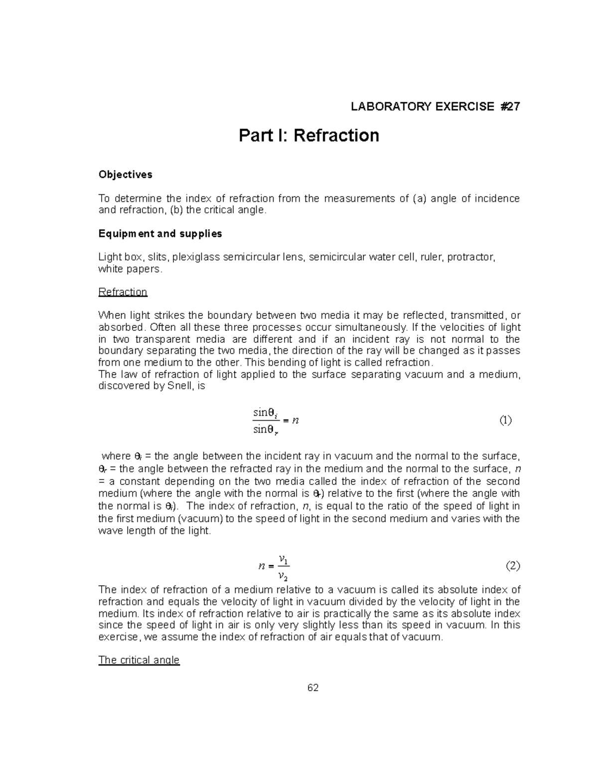 PHYS 120 LAB - Physics - LABORATORY EXERCISE Part I: Refraction ...