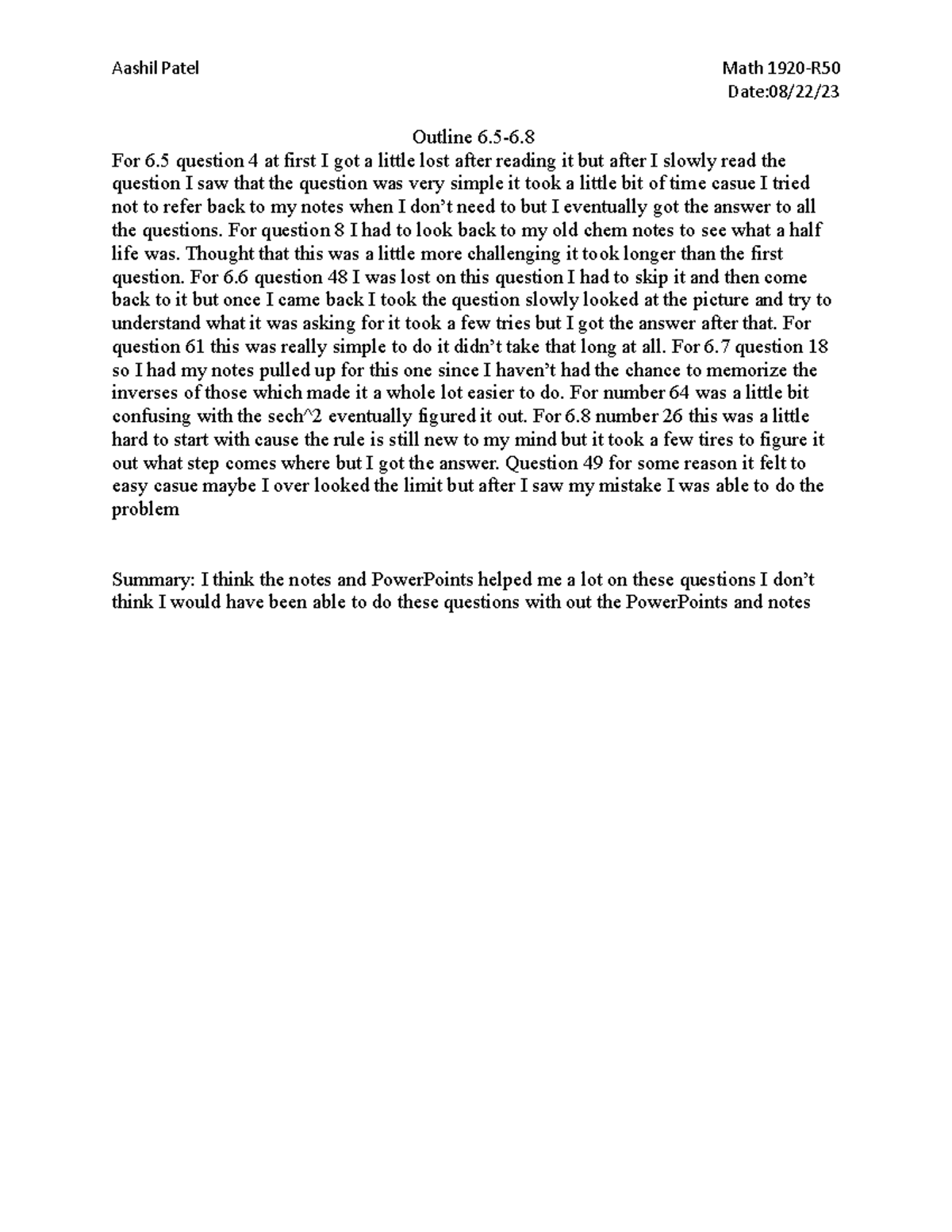 Outline 6 - math - Aashil Patel Math 1920-R Date:08/22/ Outline 6-6 ...