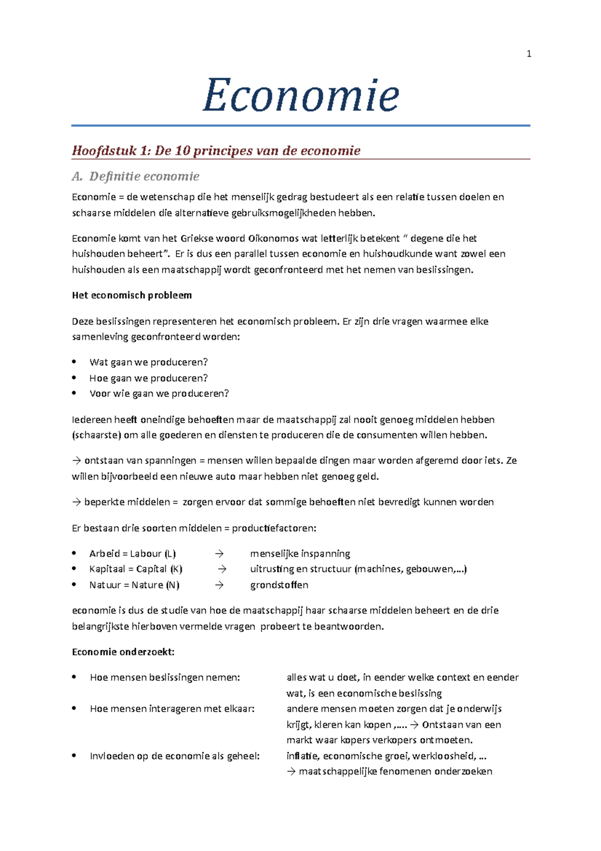 Micro Economie I Economie Hoofdstuk 1 De 10 principes van de