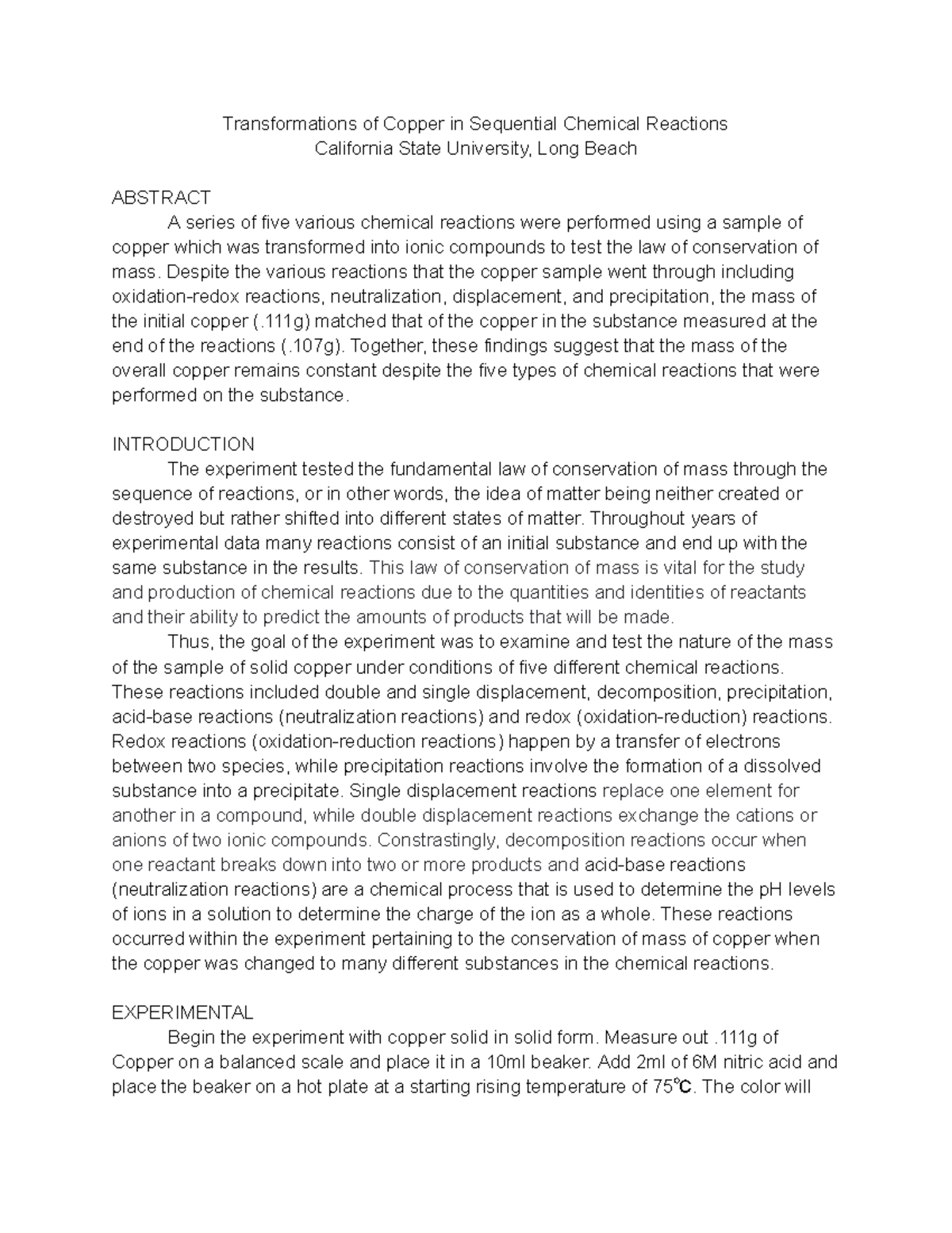 Formal Lab Report - Taylor Ives - Transformations of Copper in ...