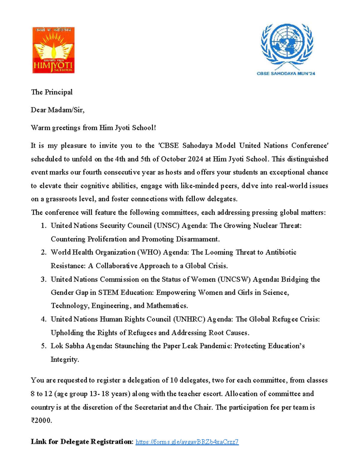 MUN 2024 invite - nope - The Principal Dear Madam/Sir, Warm greetings ...