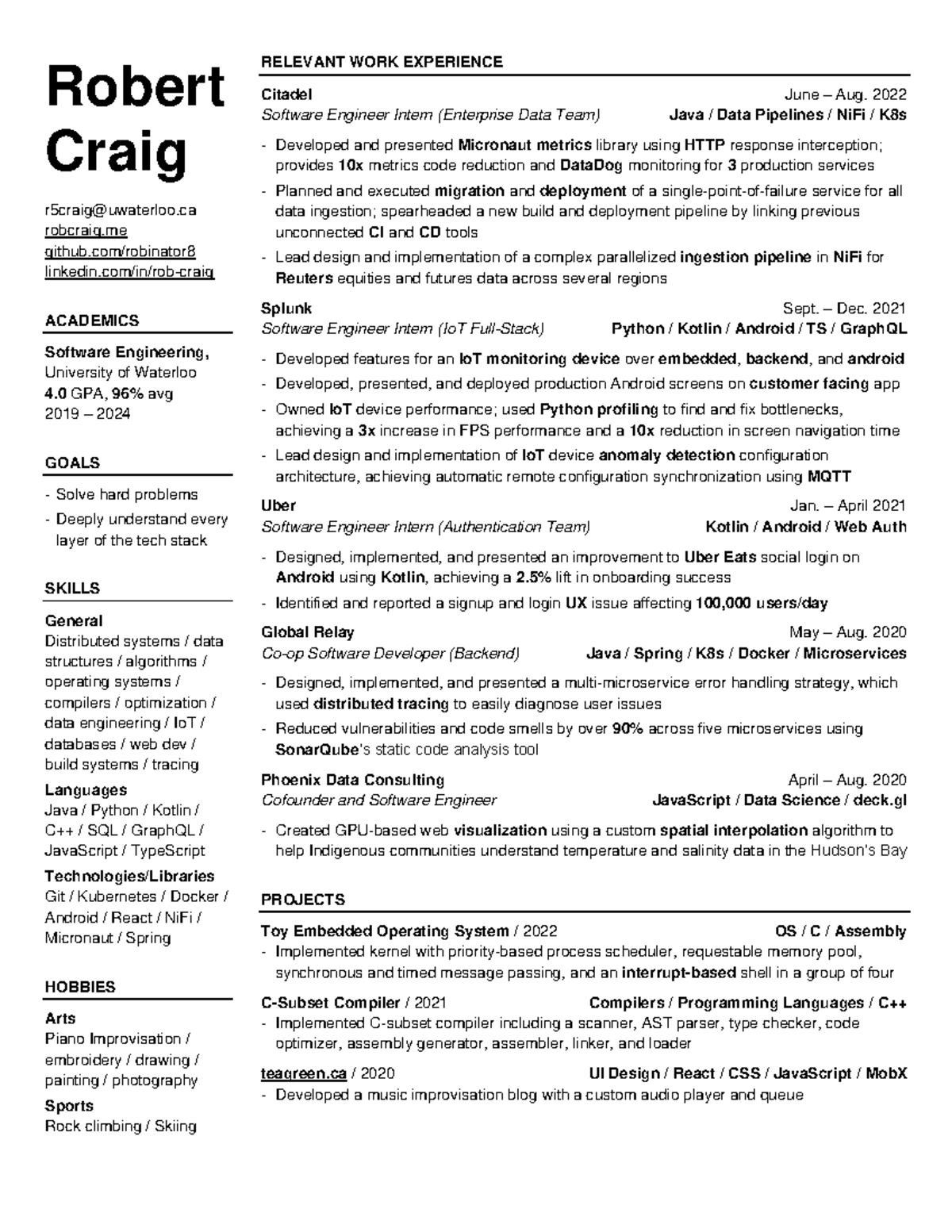 Resume example - craig - Robert Craig r5craig@uwaterloo robcraig github ...