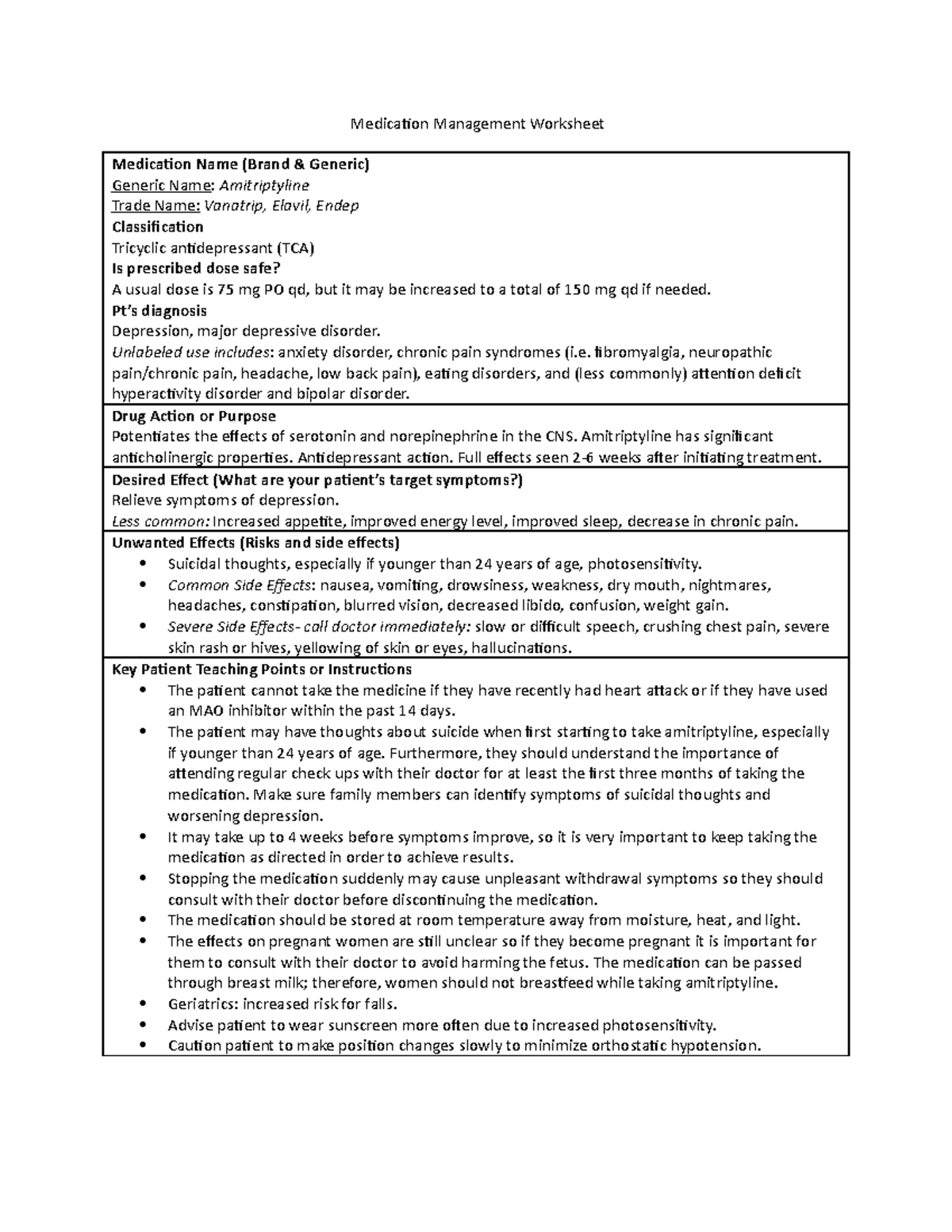 Medication Management Worksheet Medication Management Worksheet