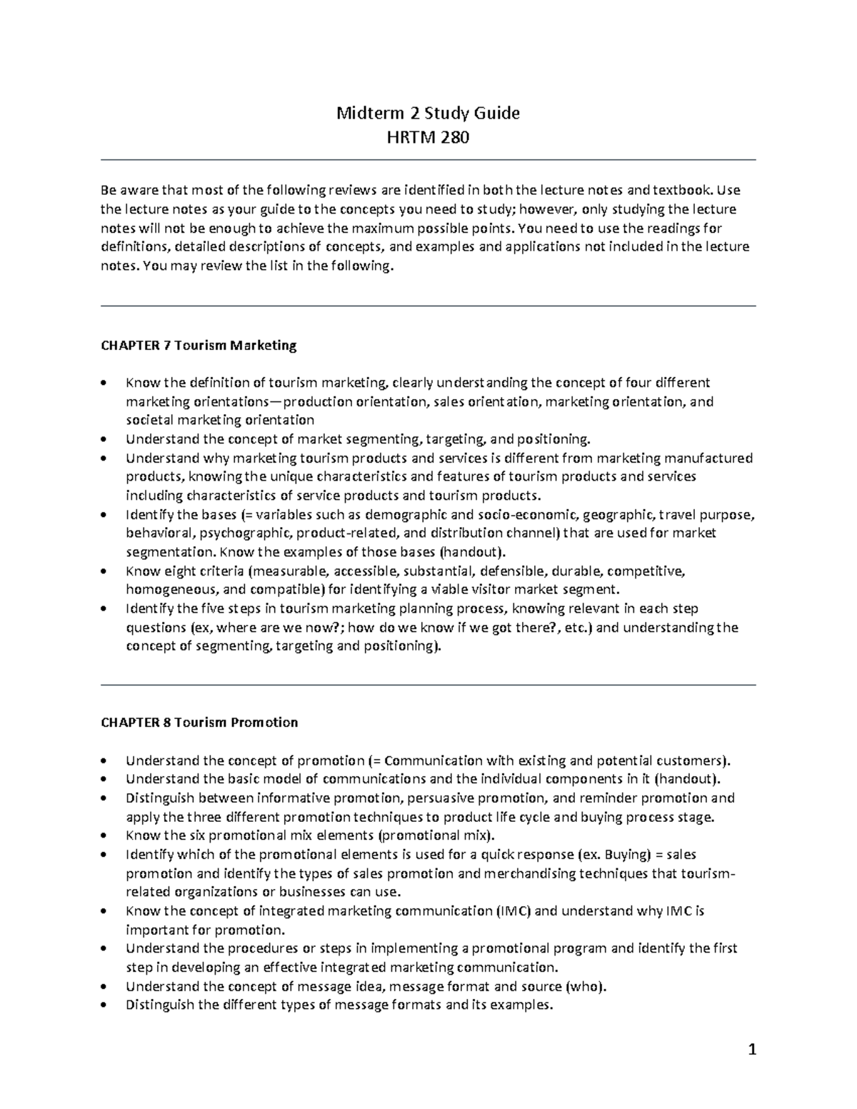 Midterm 2 Study Guide Spring 2022 - 1 Midterm 2 Study Guide HRTM 280 Be ...