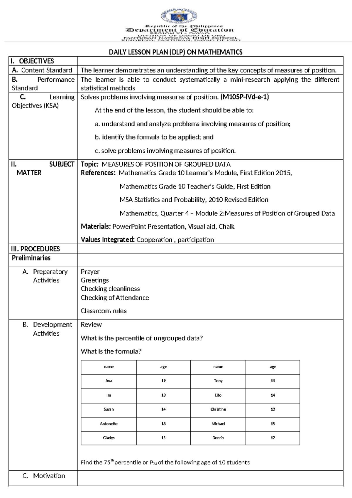 LP- Groupeddata( Final) - DAILY LESSON PLAN (DLP) ON MATHEMATICS I ...