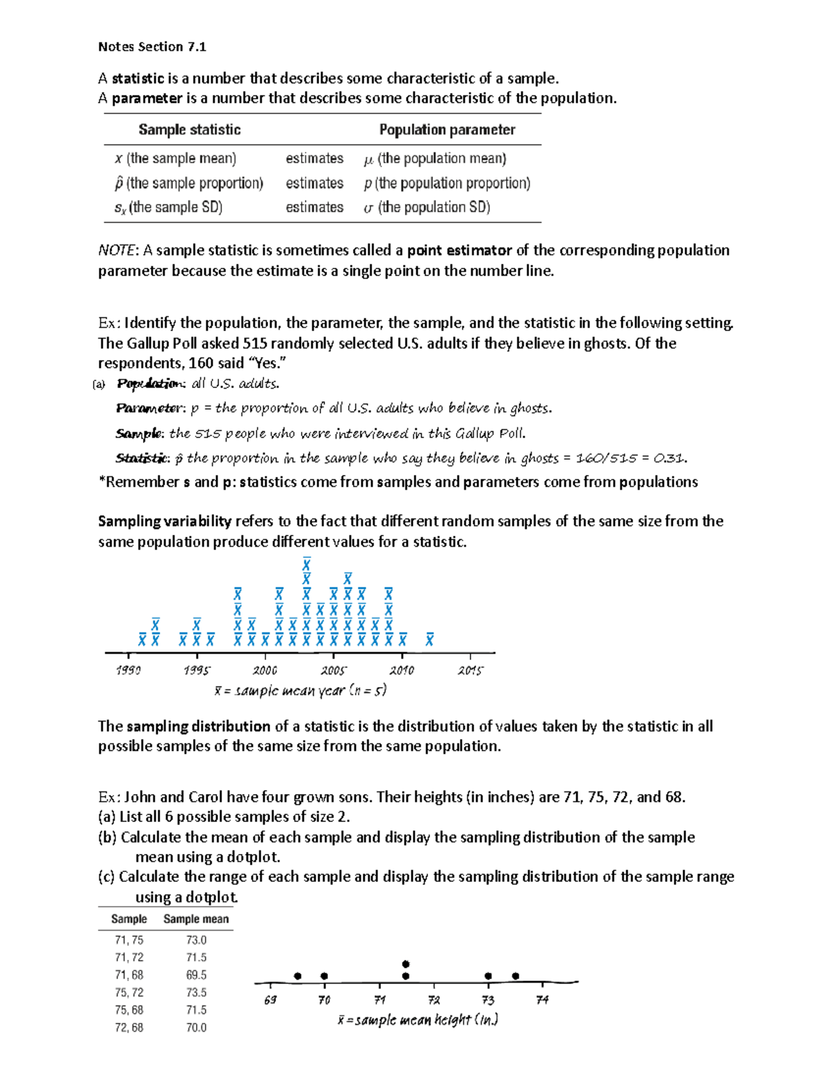 Notes for Chapter 7-1 - Notes Section 7. A statistic is a number that ...