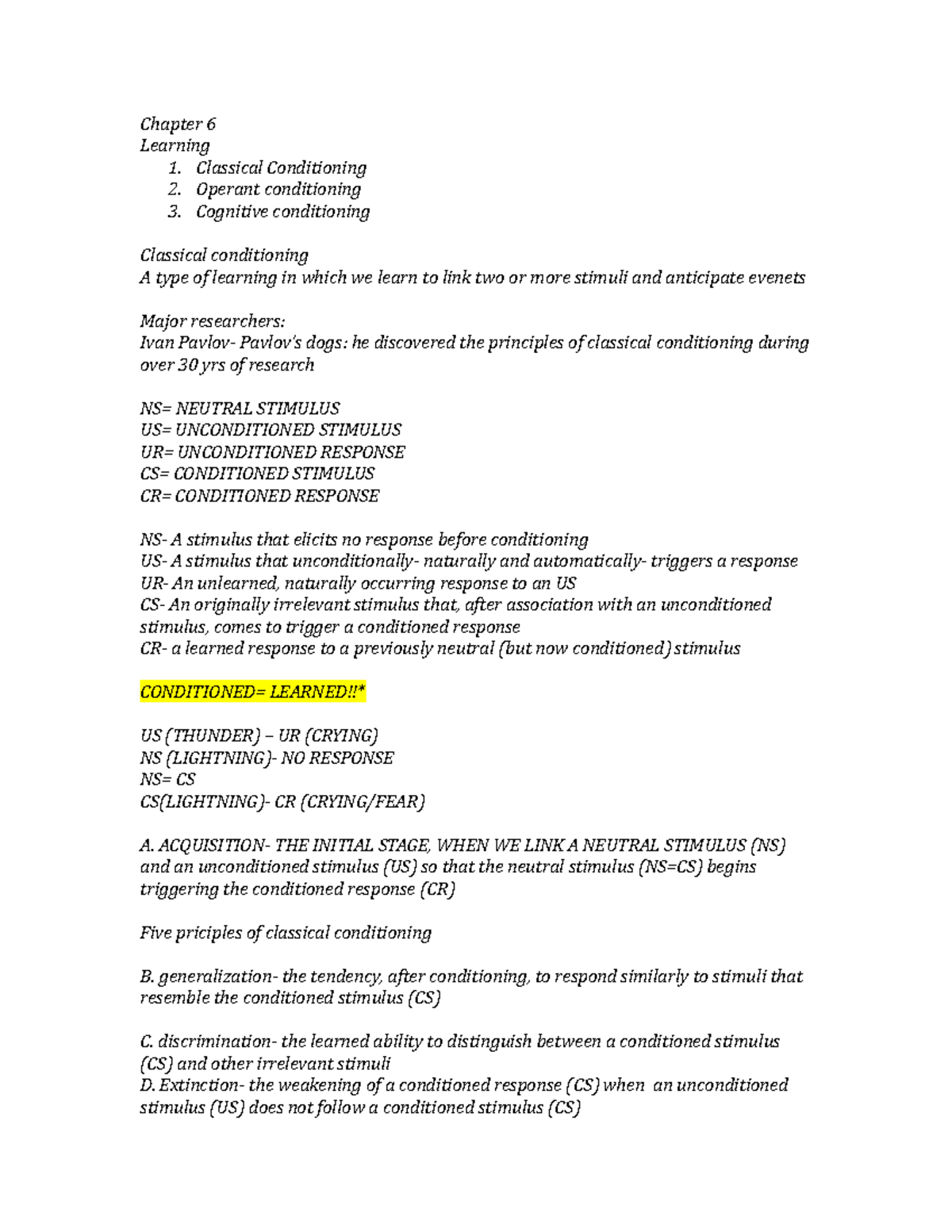 Chapter 6 Through 8 Lecture Notes - Chapter 6 Learning 1. Classical ...