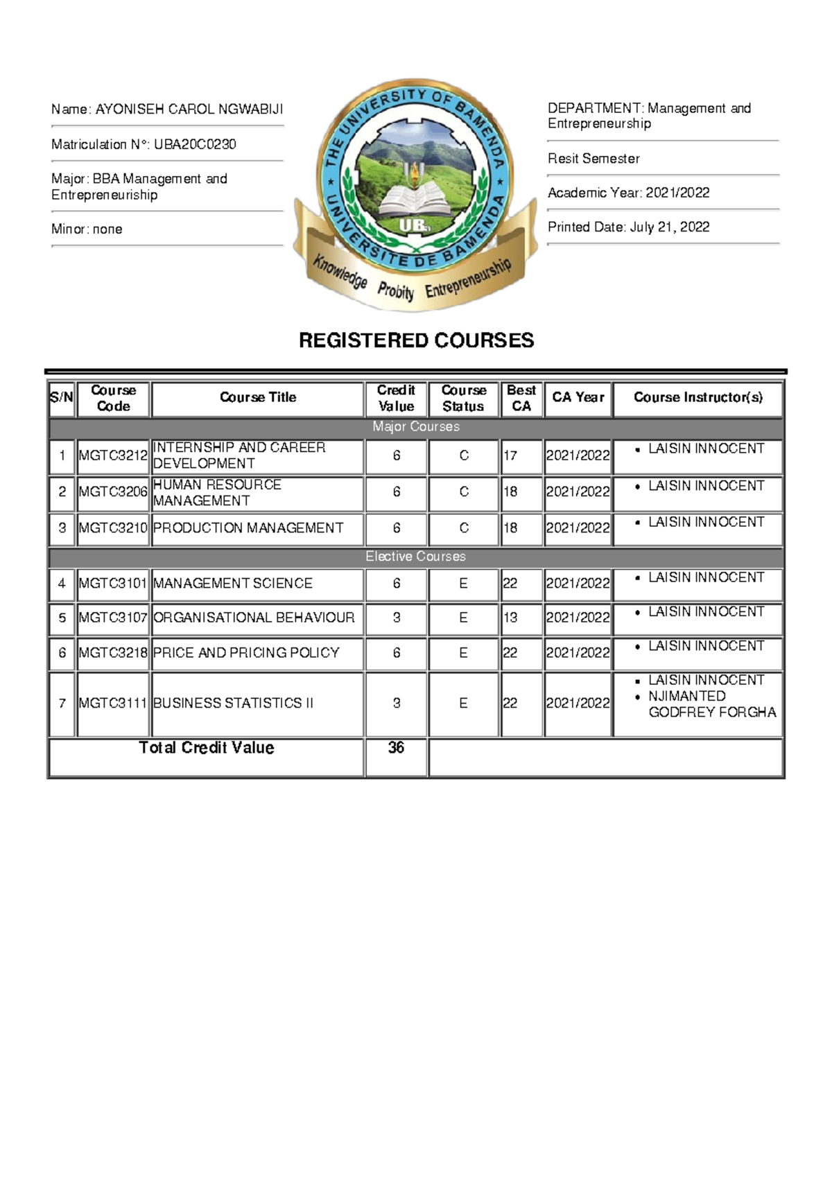 DOC - Name: AYONISEH CAROL NGWABIJI Matriculation N°: UBA20C Major: BBA ...