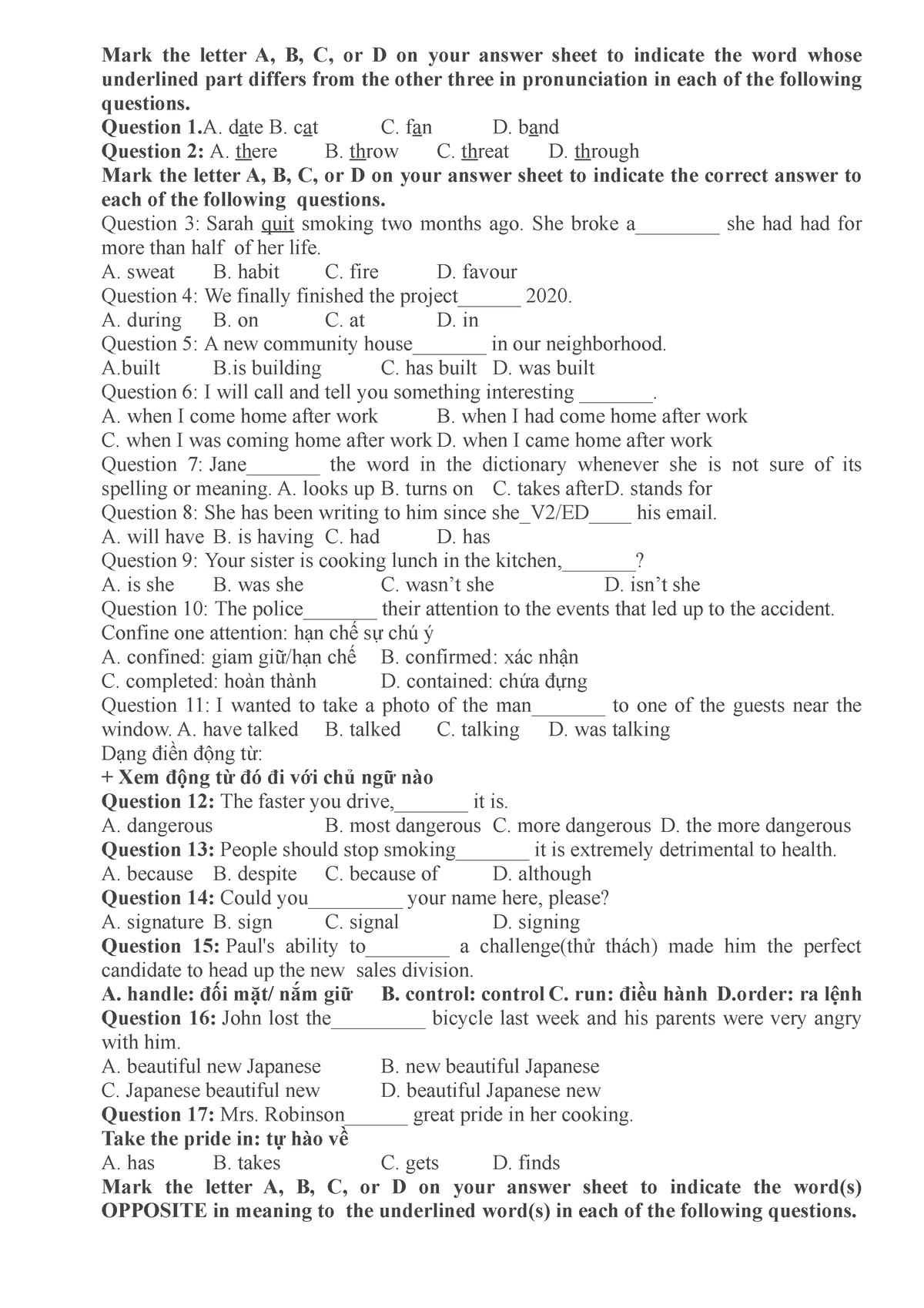 Complete The Test - Mark The Letter A, B, C, Or D On Your Answer Sheet ...