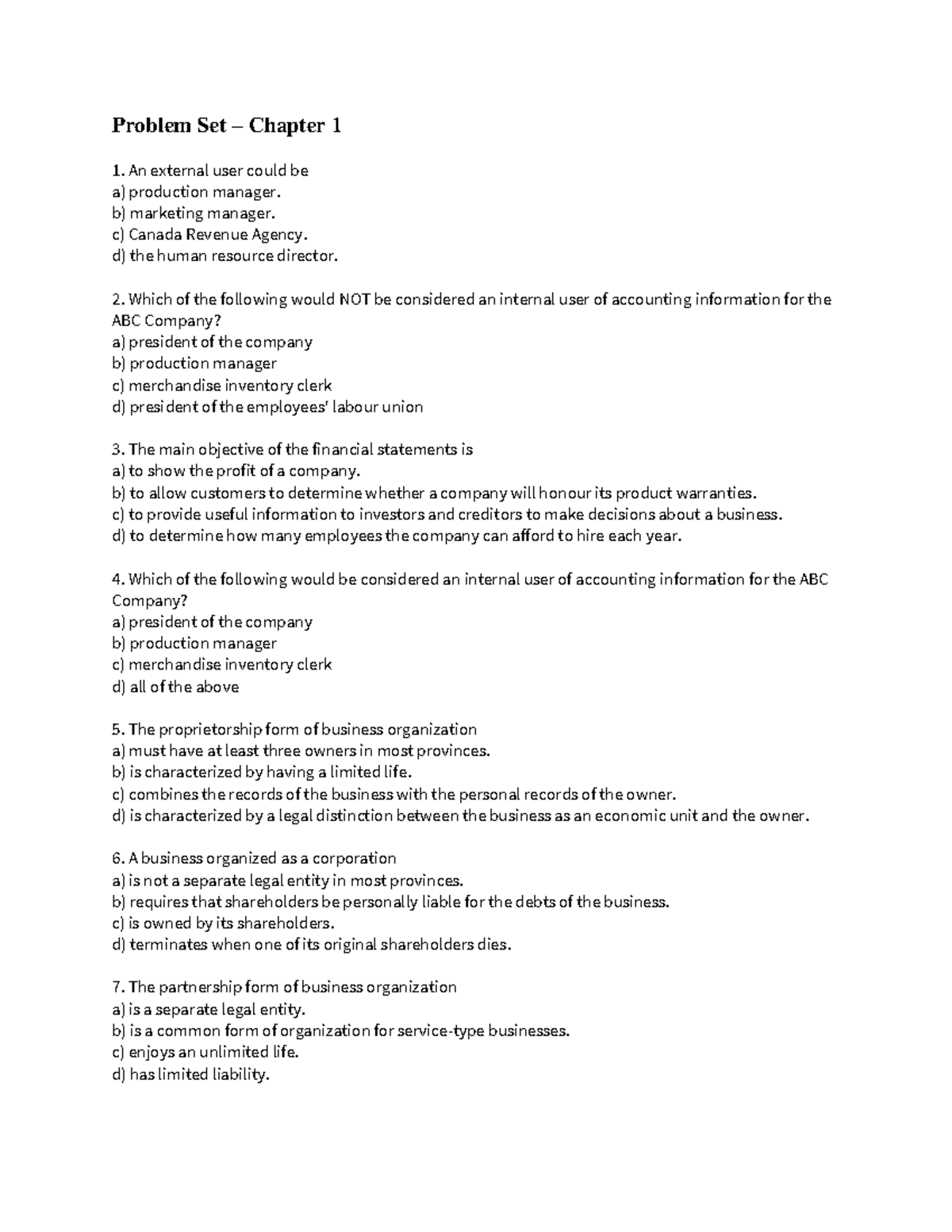 Problem Set1 ACCT111 - Multiple Choice Questions On Chapter 1 Of ACCT ...