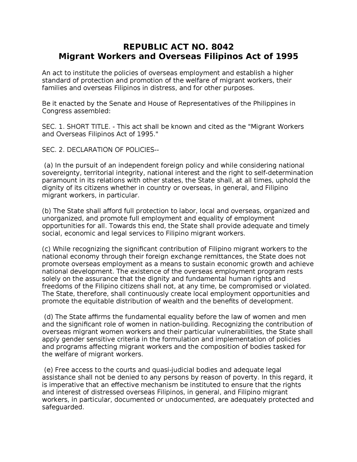 Republic ACT NO. 8042 - Notes - REPUBLIC ACT NO. 8042 Migrant Workers ...