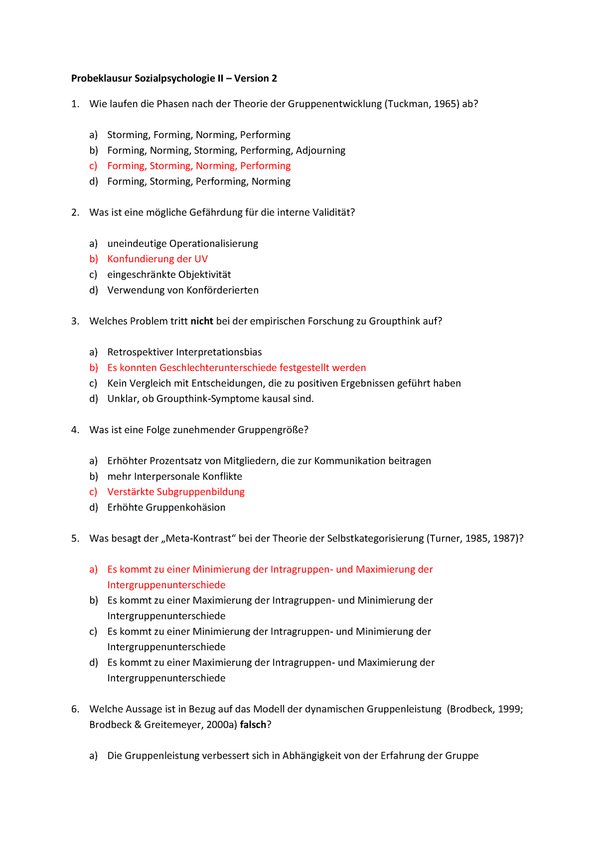 Probeklausur 2015 Fragen Und Antworten Probeklausur Sozialpsychologie II Version 2 1 Wie