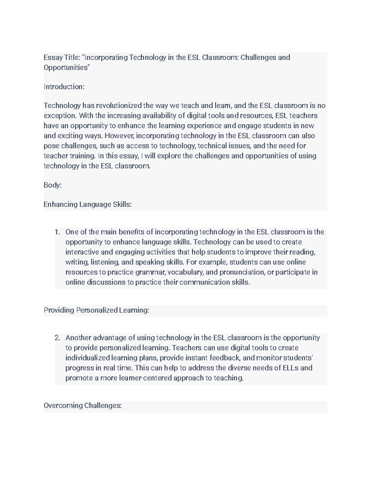 Essay Title Incorporating Technology in the ESL Classroom Challenges ...