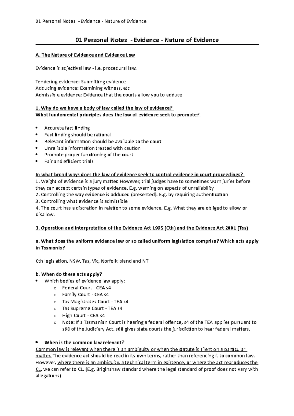Nature of Evidence Lecture notes 1 01 Personal Notes Evidence Nature of Evidence 01 Personal