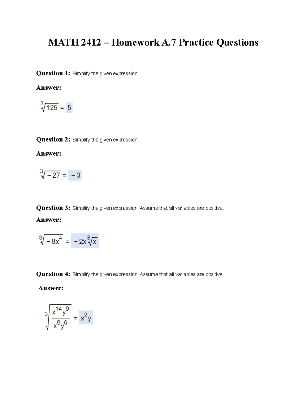 Math 2412 Homework A7 Practice Questions Question 1 Math 2412