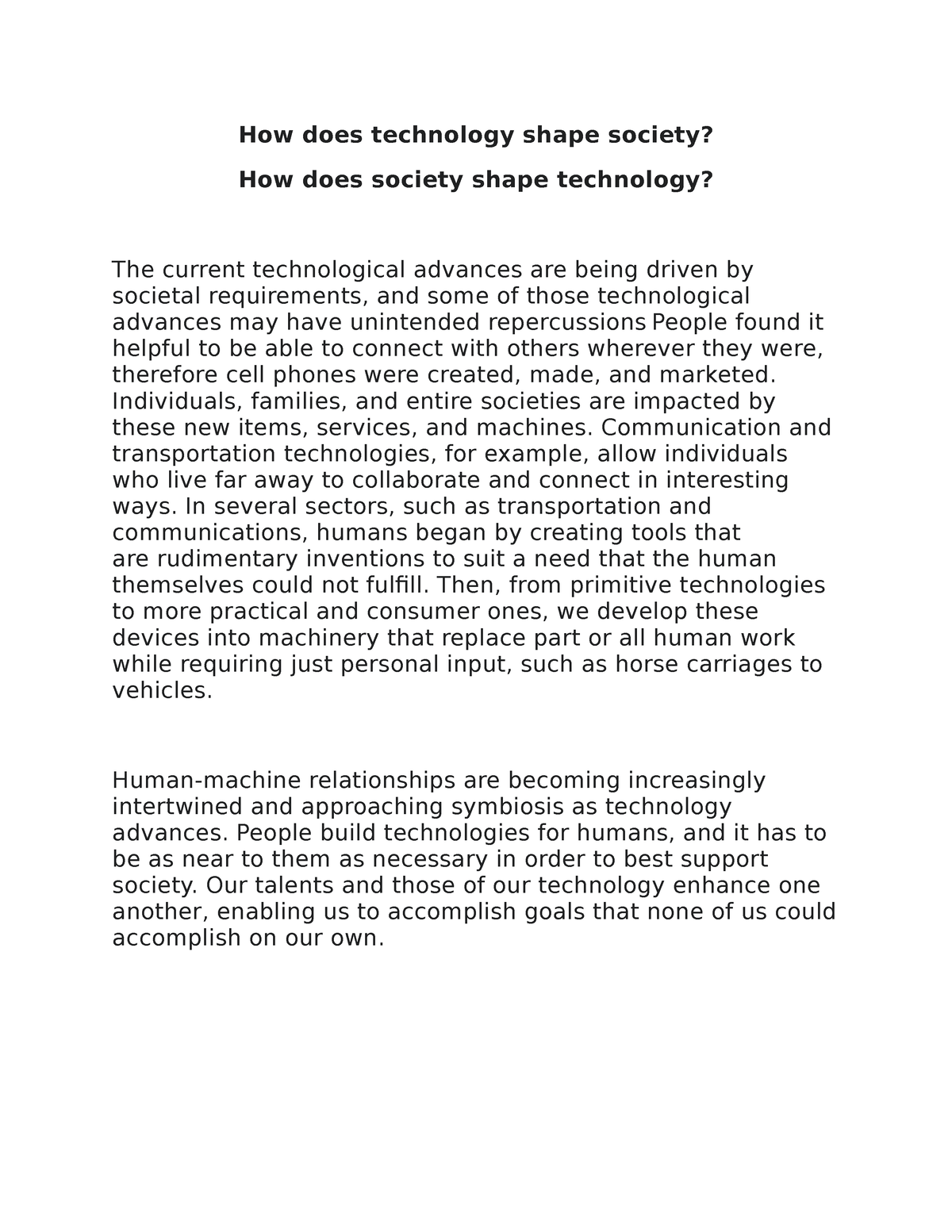 technology shapes society essay