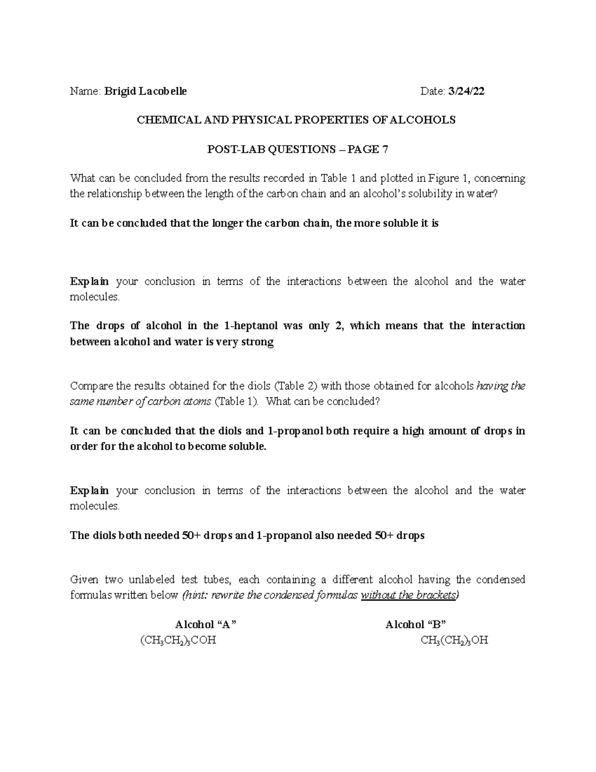 PostLab properties of Alc Name Brigid Lacobelle Date 3/24/ CHEMICAL AND PHYSICAL PROPERTIES