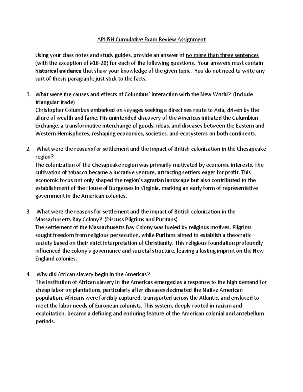 Apush Cumulative Exam Review Assignment - APUSH Cumulative Exam Review ...