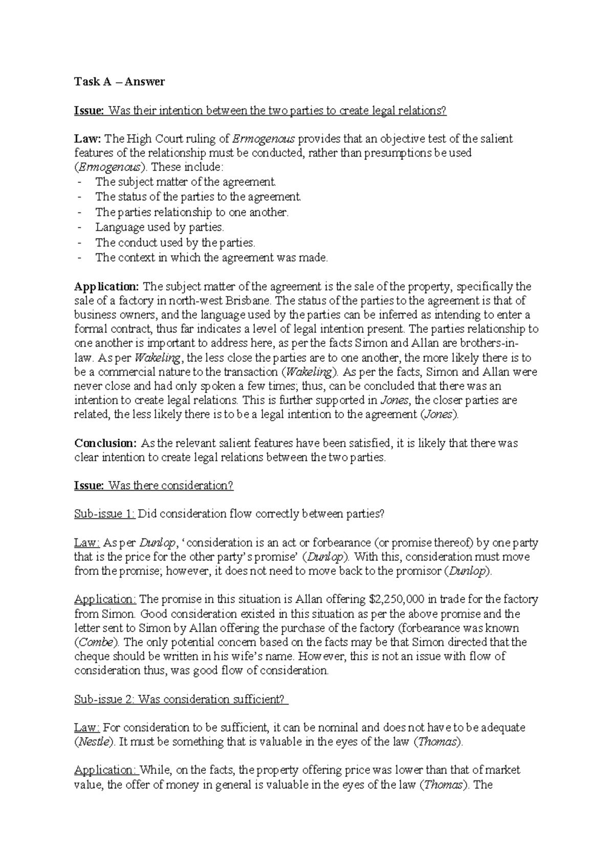 LLB202 Task A - Task A – Answer Issue: Was their intention between the ...