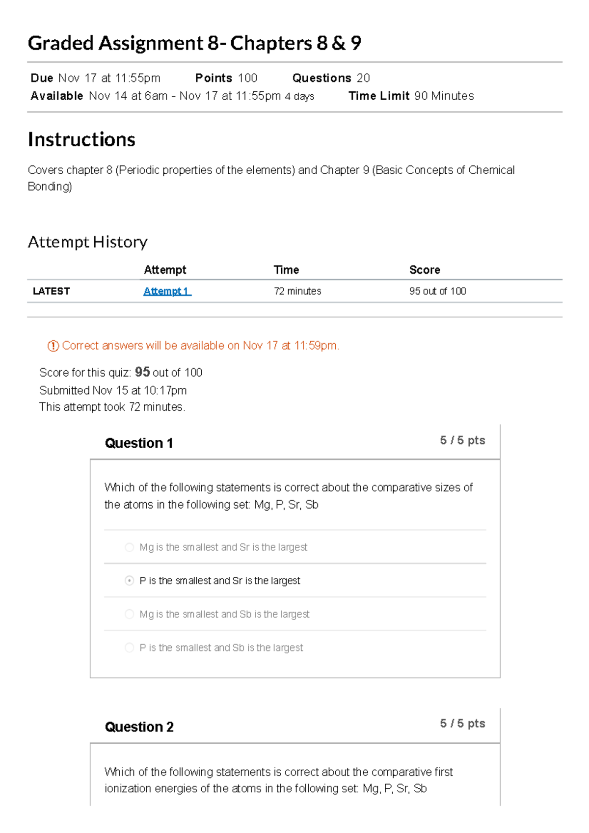 Graded Assignment 8- Chapters 8 & 9 - Score for this quiz: 95 out of ...