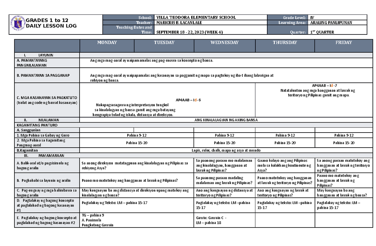 DLL Araling Panlipunan 4 Q1 W4 - GRADES 1 to 12 DAILY LESSON LOG School ...
