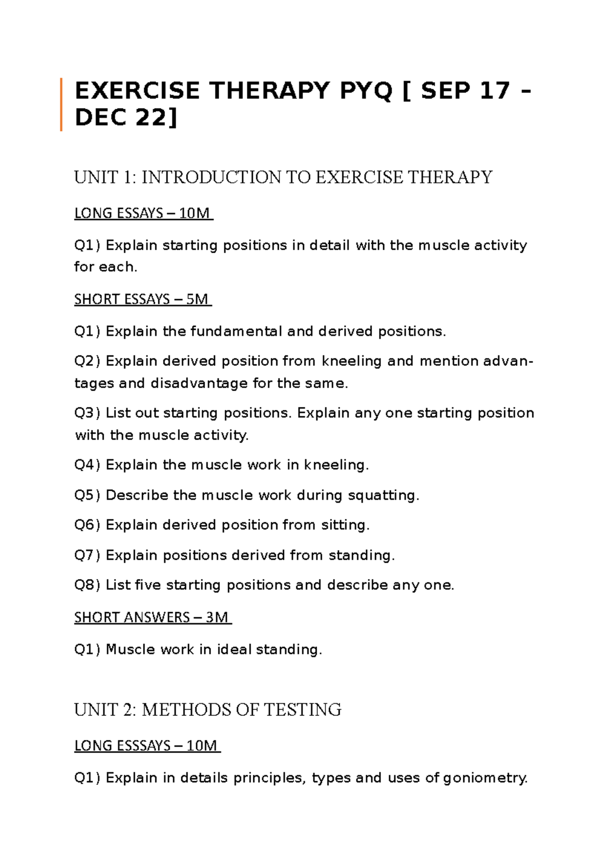 BPT Exercise Therapy PYQ EXERCISE THERAPY PYQ [ SEP 17 DEC 22] UNIT