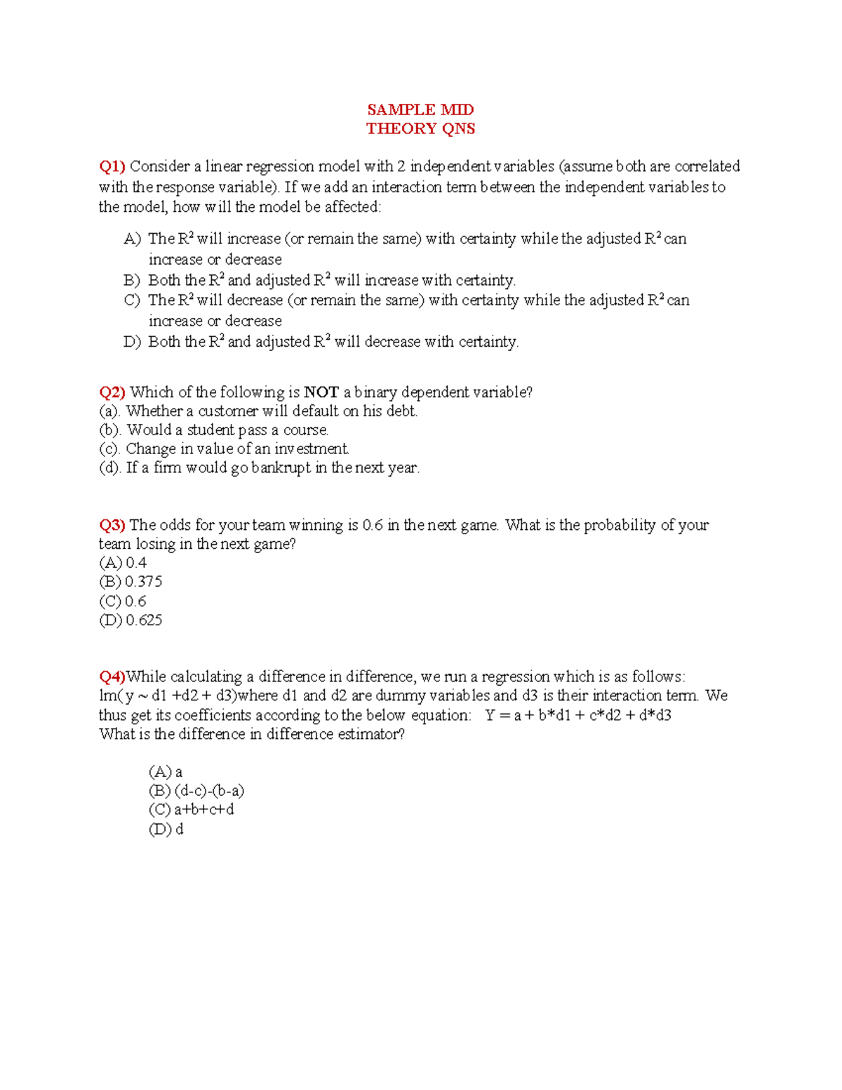 Sample Midterm - SAMPLE MID THEORY QNS Q1) Consider a linear regression ...