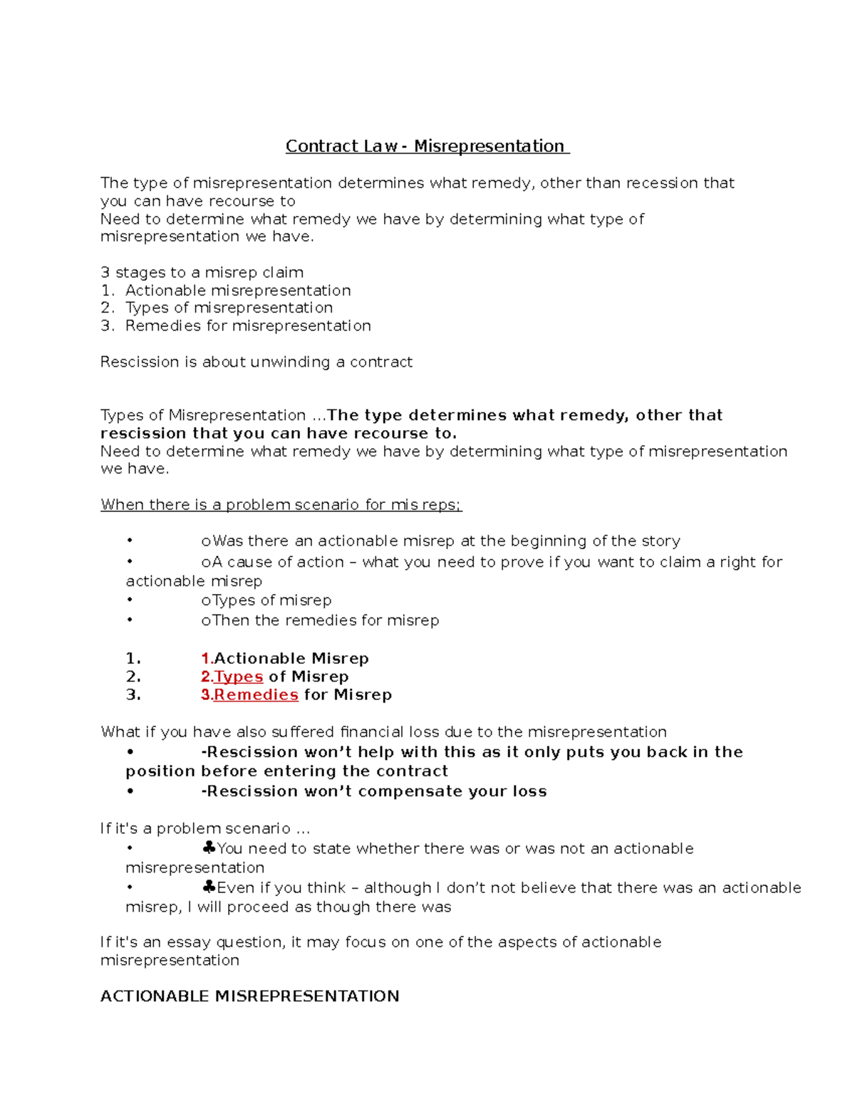 Contract Law Misrepresentation Revision Contract Law Misrepresentation The Type Of Studocu