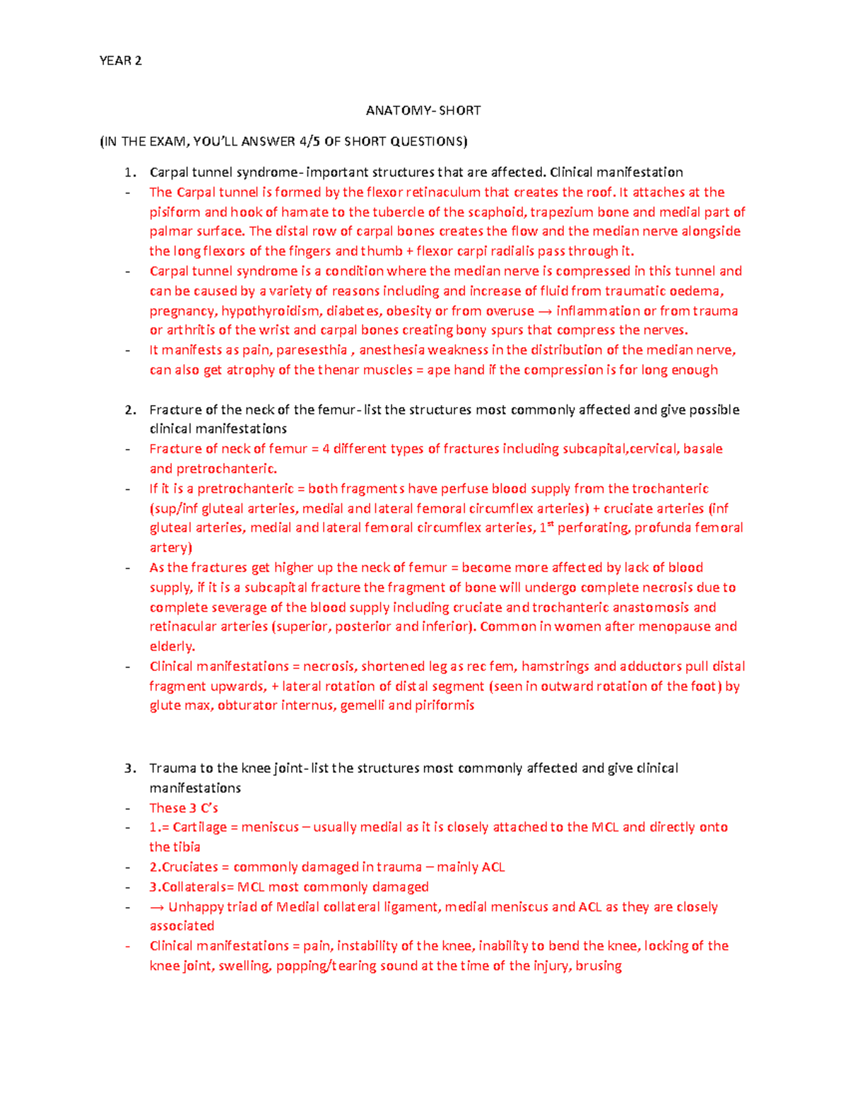 Exam 2017, questions and answers YEAR 2 ANATOMY SHORT (IN THE EXAM