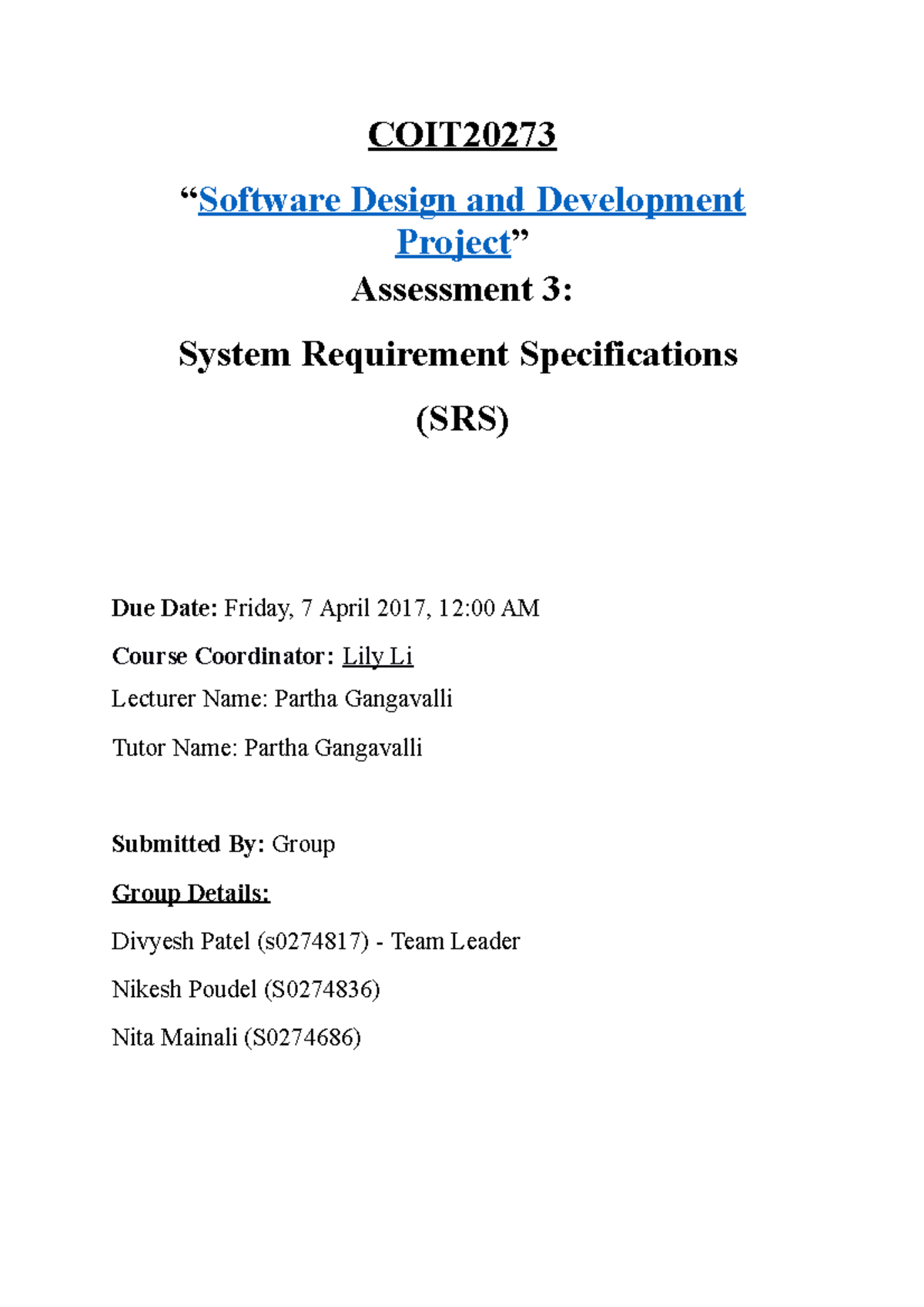 Assignment 3 SRS - COIT20273 “Software Design and Development Project ...
