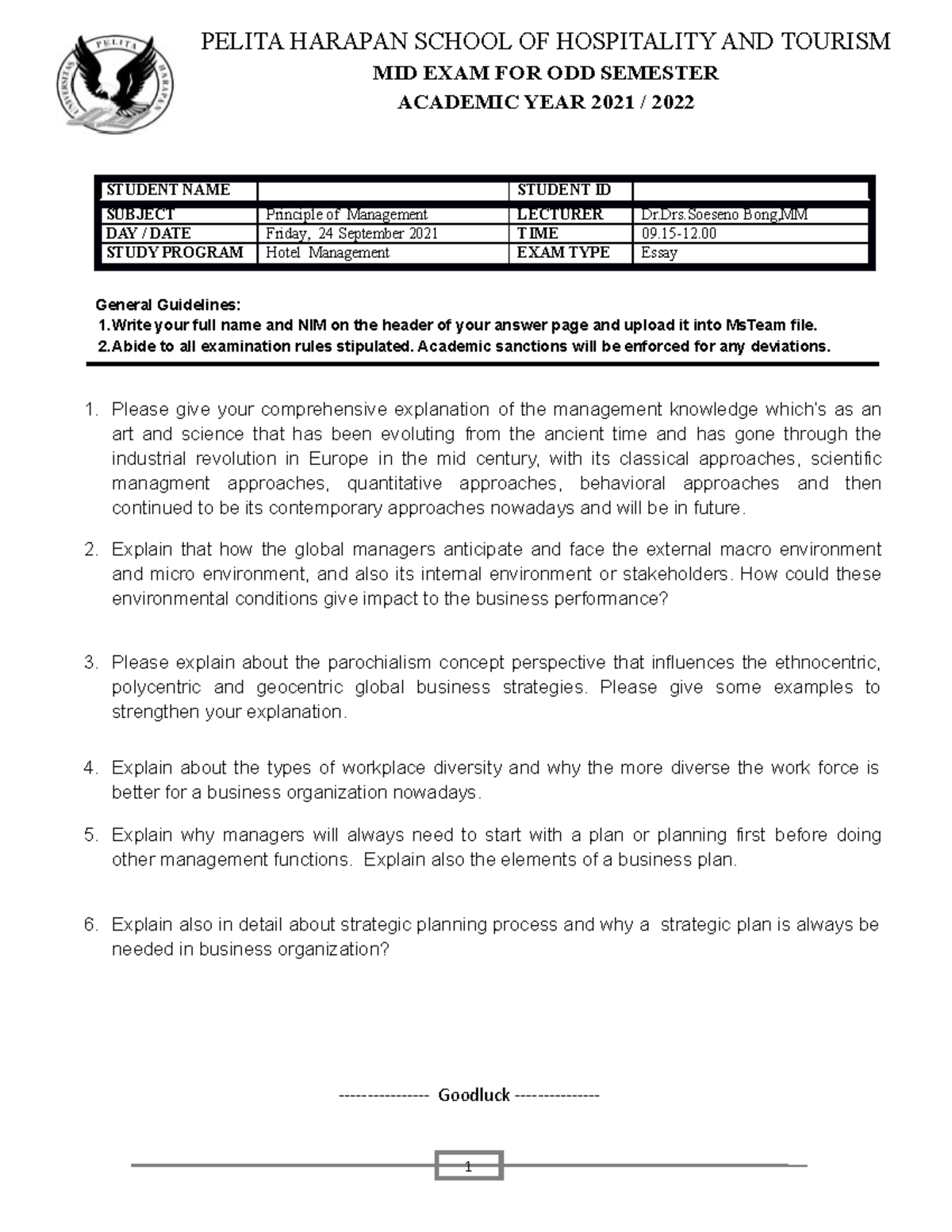 2021-2022-UTS Principle of Mgt - PELITA HARAPAN SCHOOL OF HOSPITALITY ...