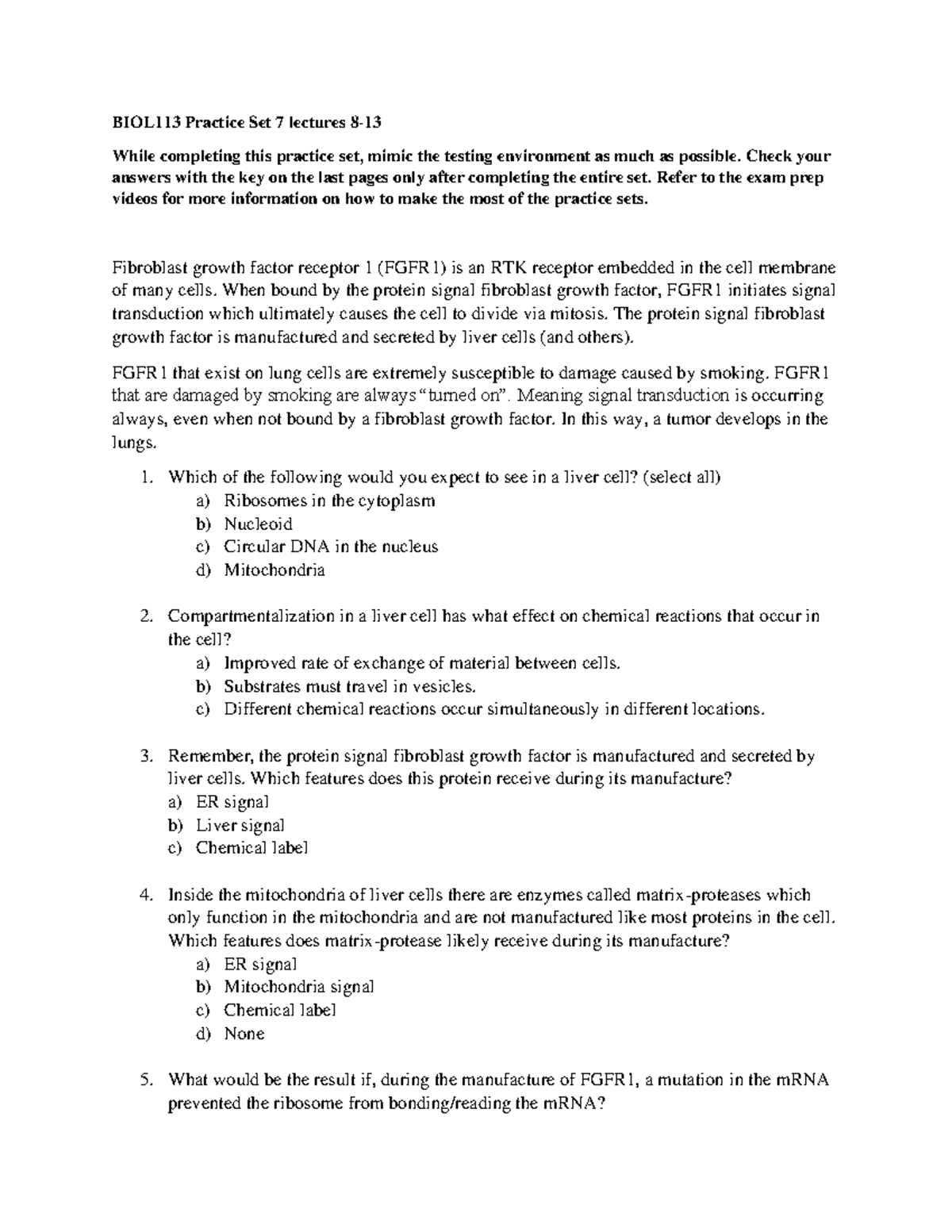 BIOL113 Practice Set 7 lectures 8-13 - Check your answers with the key ...