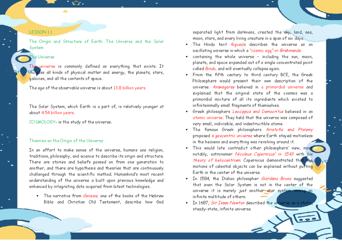 Chapter 1 Origin AND Structure OF THE Earth Universe - LESSON 1. The ...