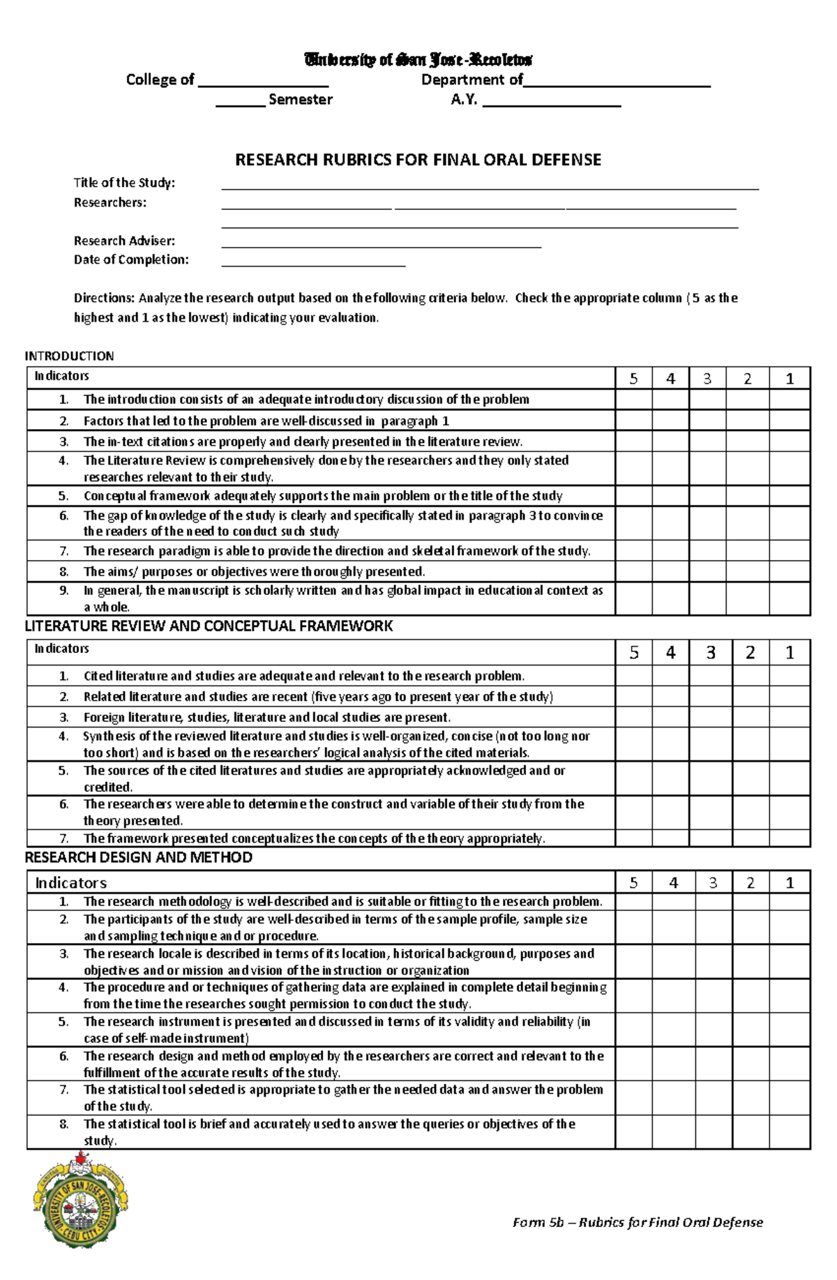 Form 5b Research Rubrics Final Oral Defense - University of San Jose ...