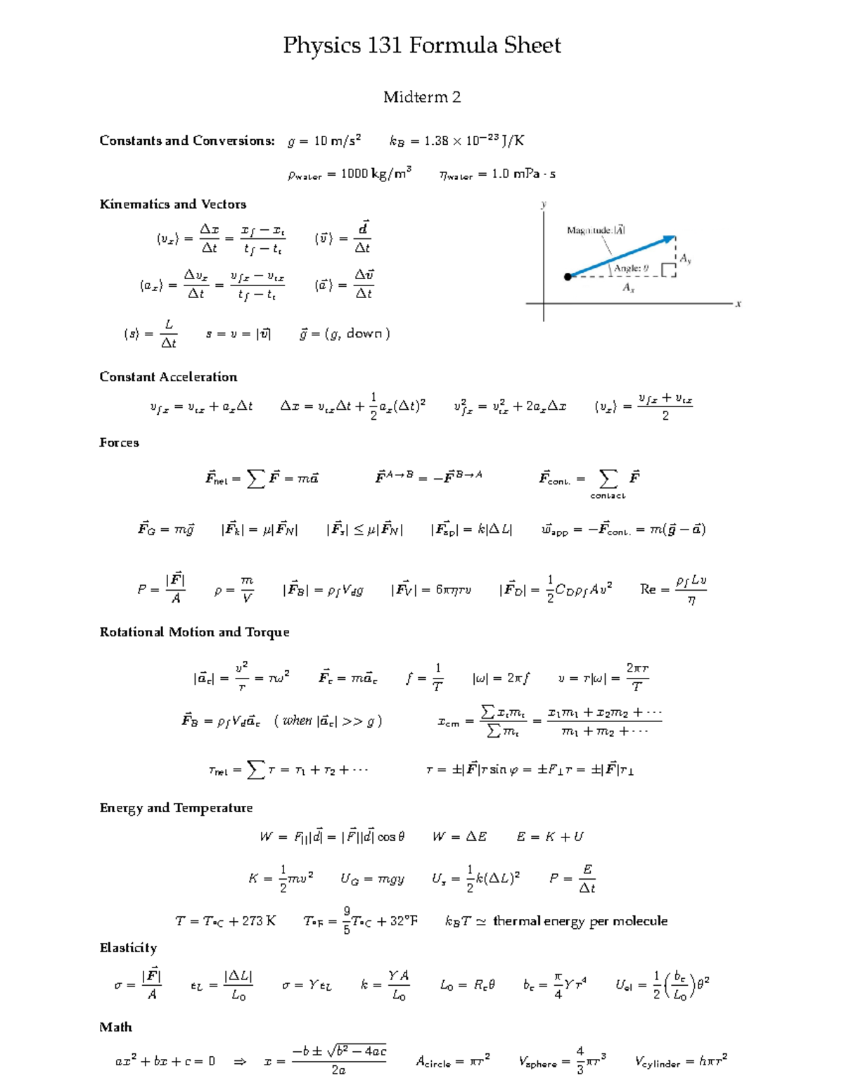 Formulas midterm 2 - no info - Physics 131 Formula Sheet Midterm 2 ...