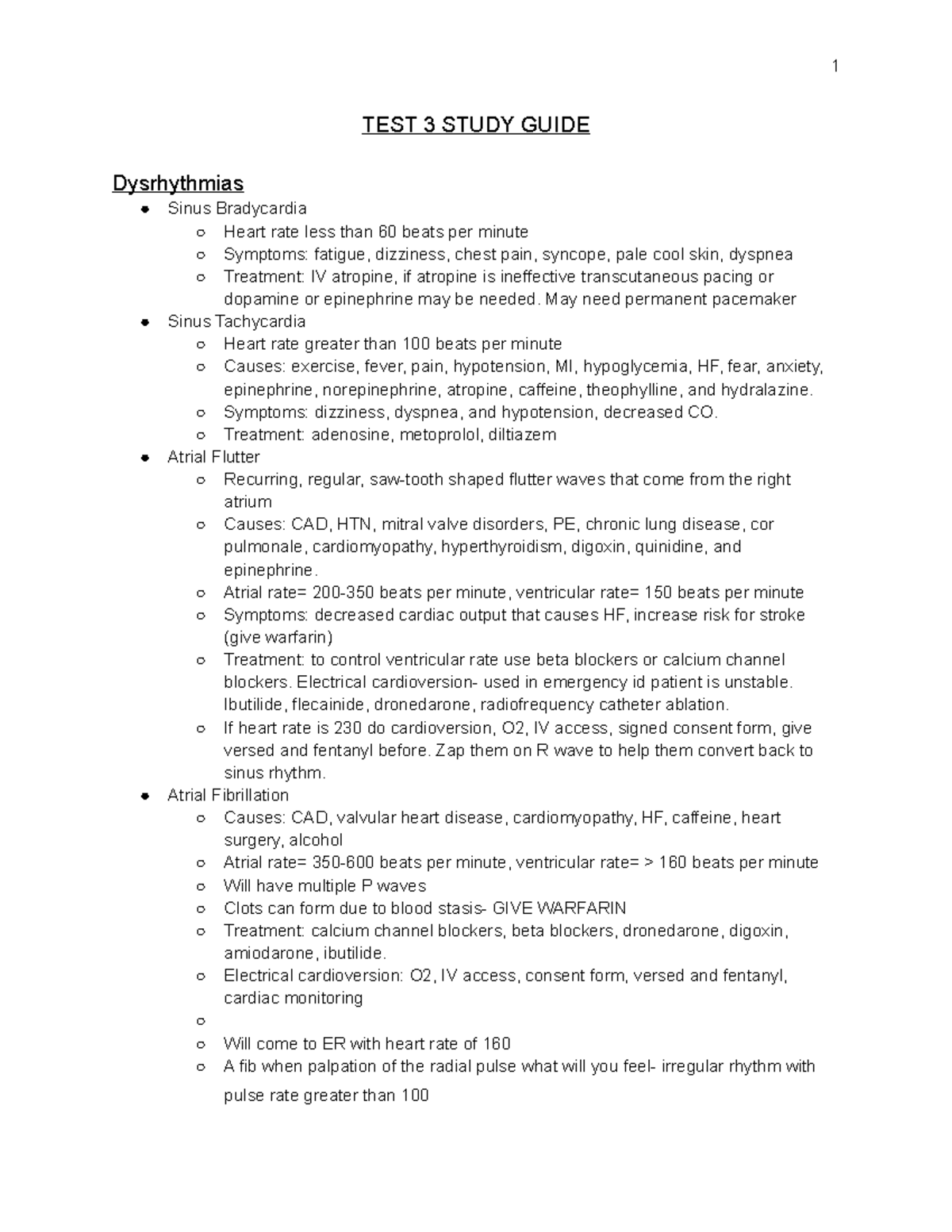 Exam 3 - Study Guide - TEST 3 STUDY GUIDE Dysrhythmias Sinus ...