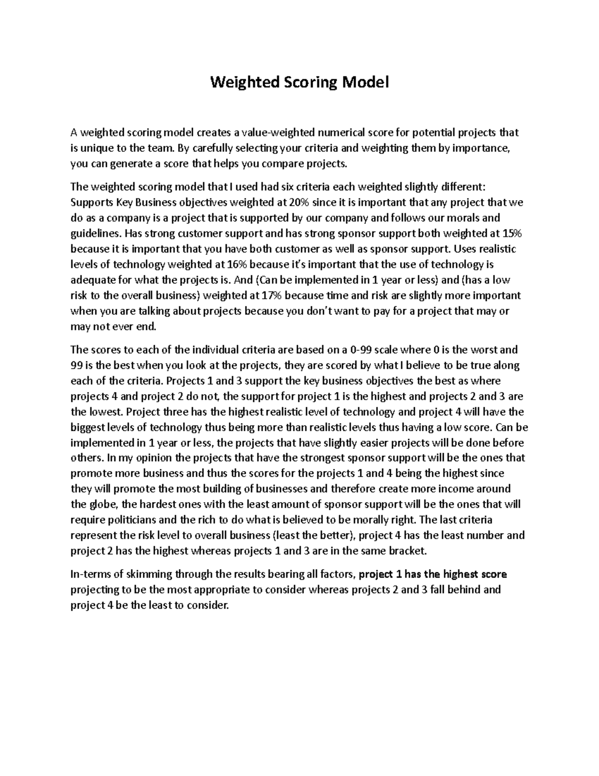 Group Project weighted scoring model - Weighted Scoring Model A ...