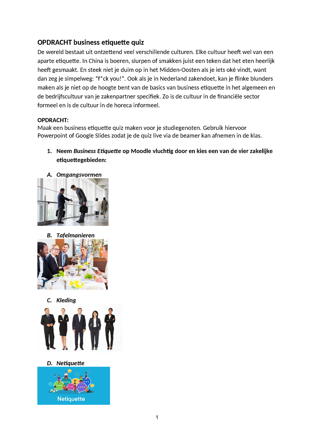 NL4.3 Opdracht Business Etiquette Quiz - OPDRACHT Business Etiquette ...