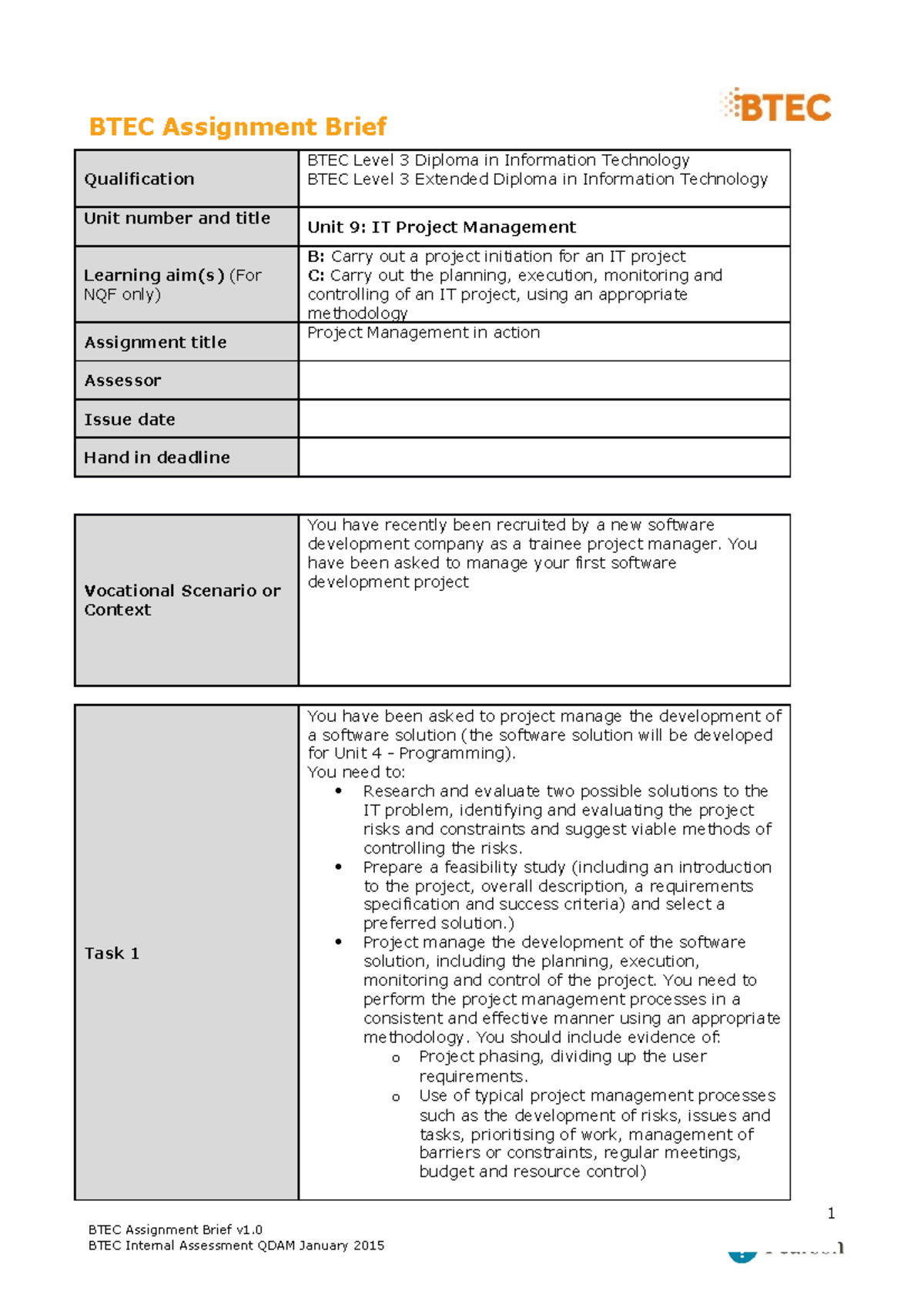 Unit 9 Authorised Assignment Brief For Learning Aim B And C IT Project ...