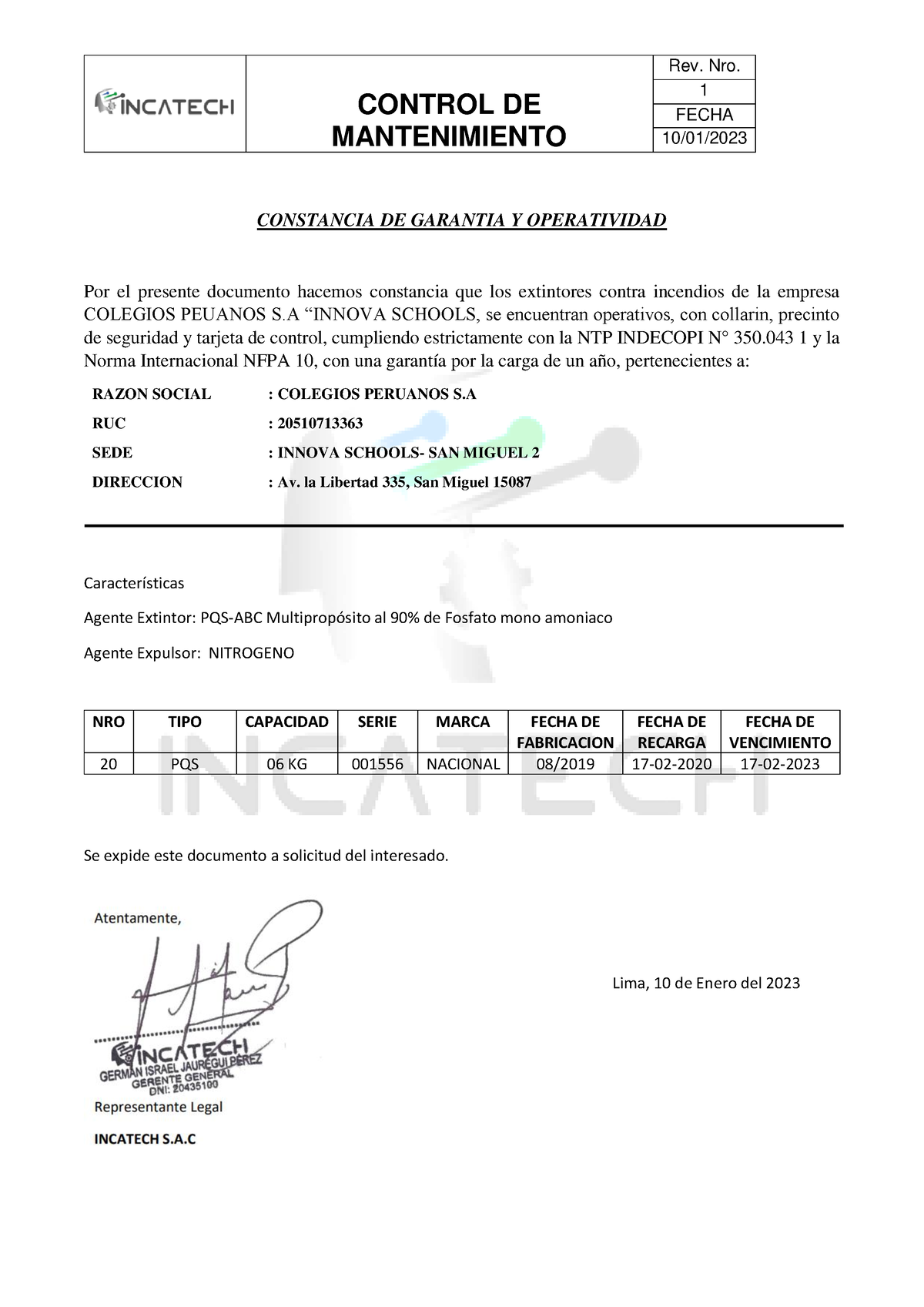 Certif Operatividad Extintor 19 - SM2 - CONTROL DE MANTENIMIENTO Rev ...